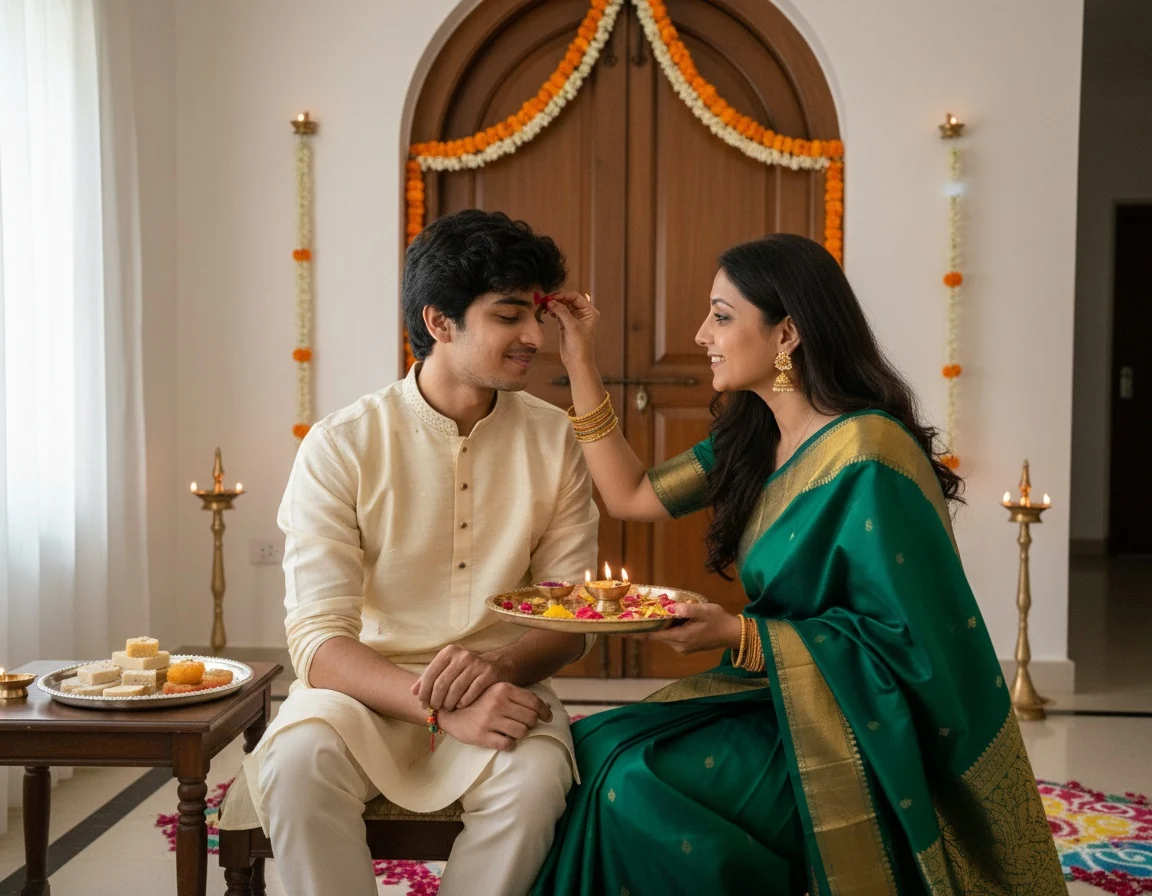 Sister applying roli tilak to her brother during a traditional Raksha Bandhan ceremony with a pooja thali, diyas, and rangoli.