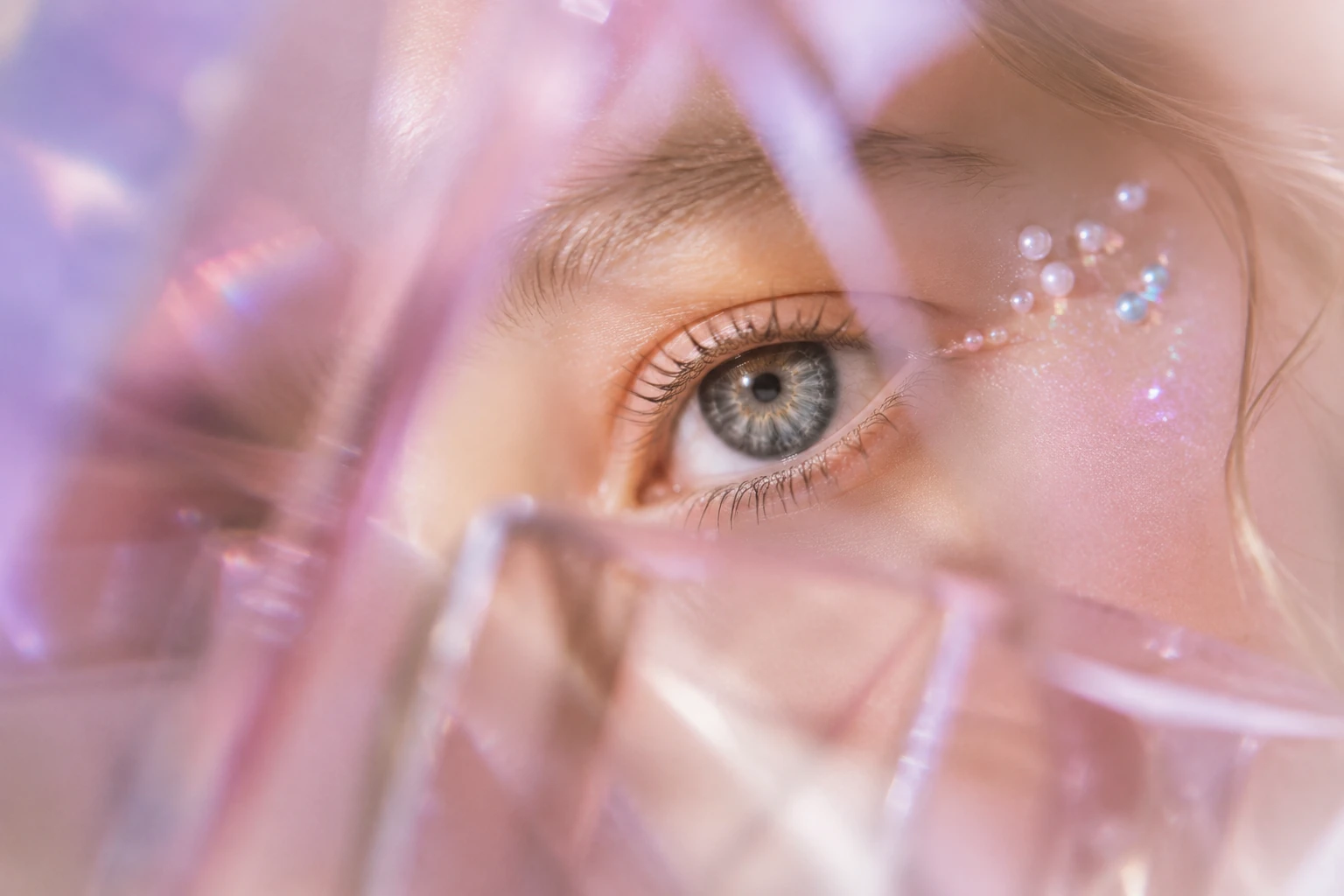 Dreamy aesthetic eye close-up photographed through pink glass with soft pastel reflections