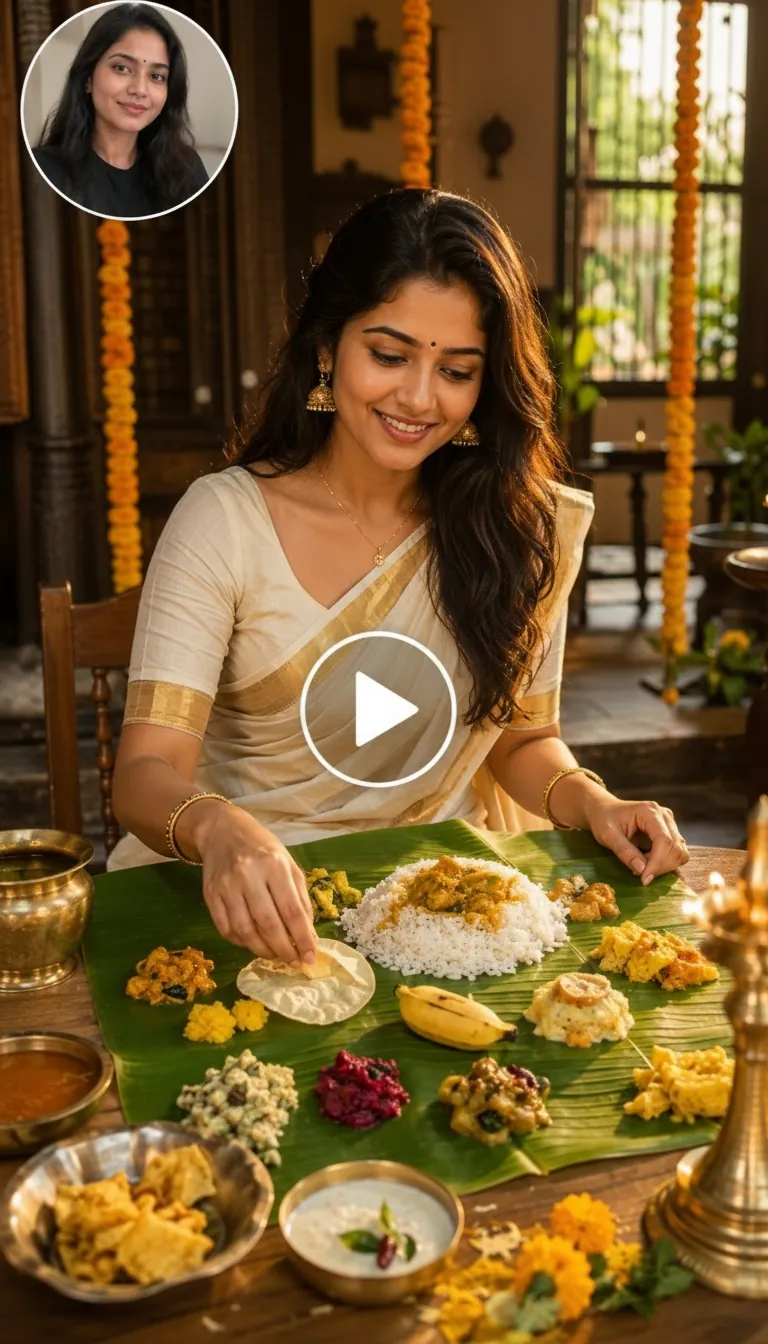Frame screenshot of an Onam-themed video showing a person enjoying a traditional Onam Sadya feast served on a banana leaf.