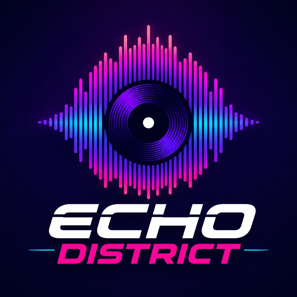 Music YouTube logo for Echo District with a circular sound wave and vinyl inspired symbol in vibrant purple and magenta colors.