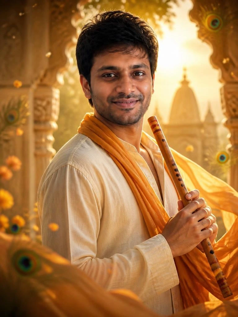 Young man in an emerald sherwani photographed during an elegant midnight Janmashtami celebration.