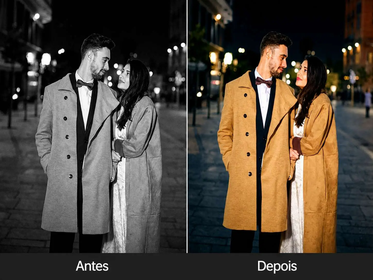 Comparação de antes e depois mostrando uma foto em preto e branco restaurada e colorizada com cores naturais.