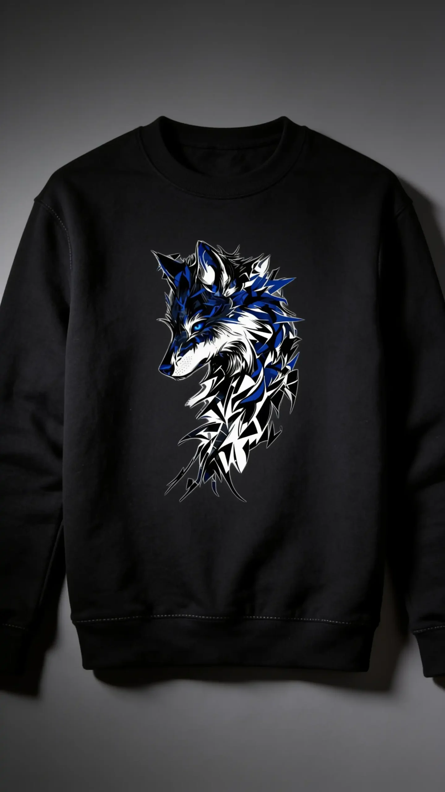 Black sweatshirt featuring a bold blue, white, and black stylized wolf graphic on the front against a dark background.