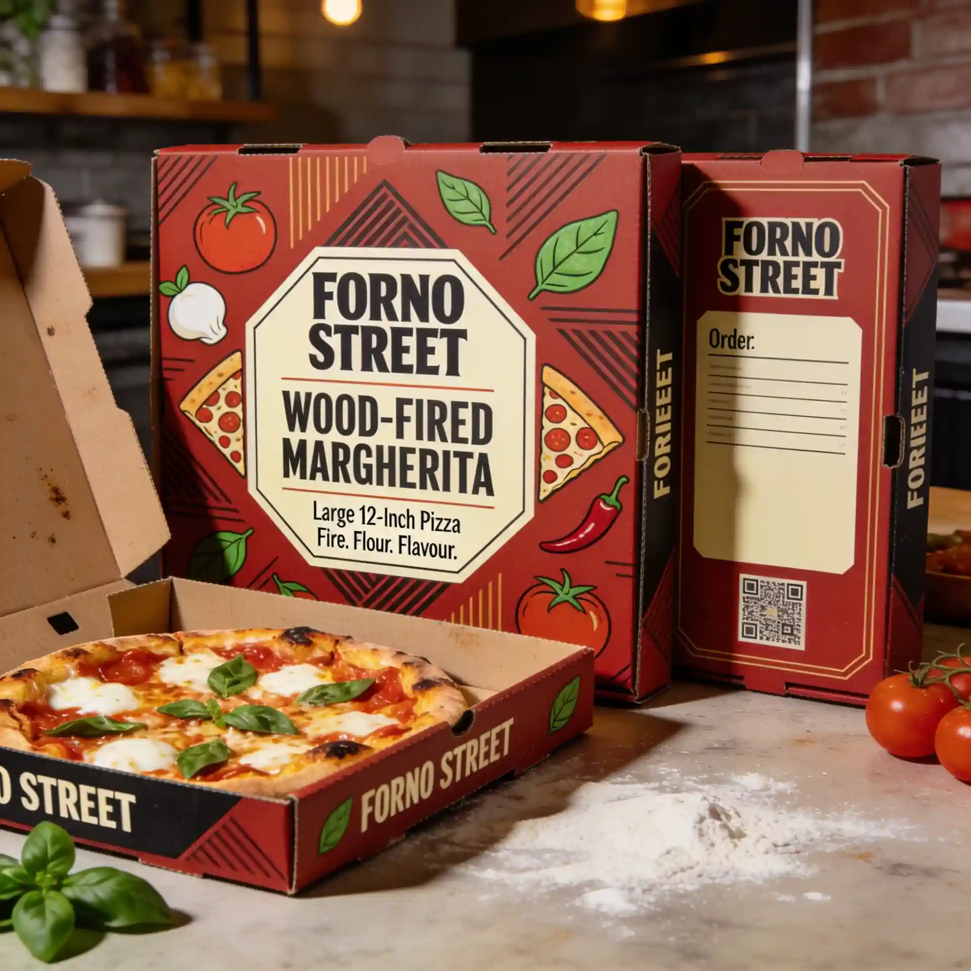 Modern red pizza box packaging with freshly baked wood-fired Margherita pizza