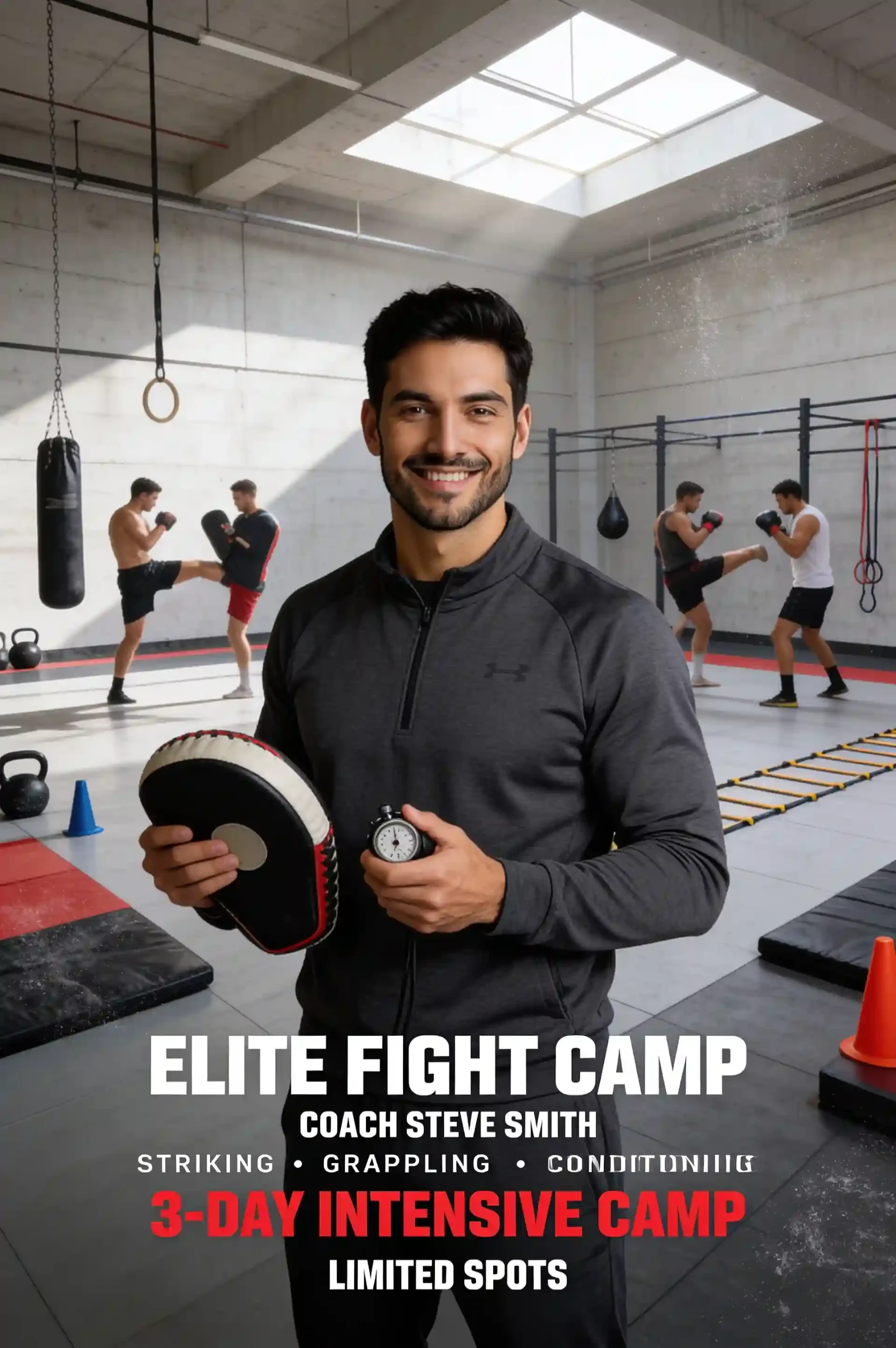An MMA coach holds training equipment inside a modern professional fitness facility.