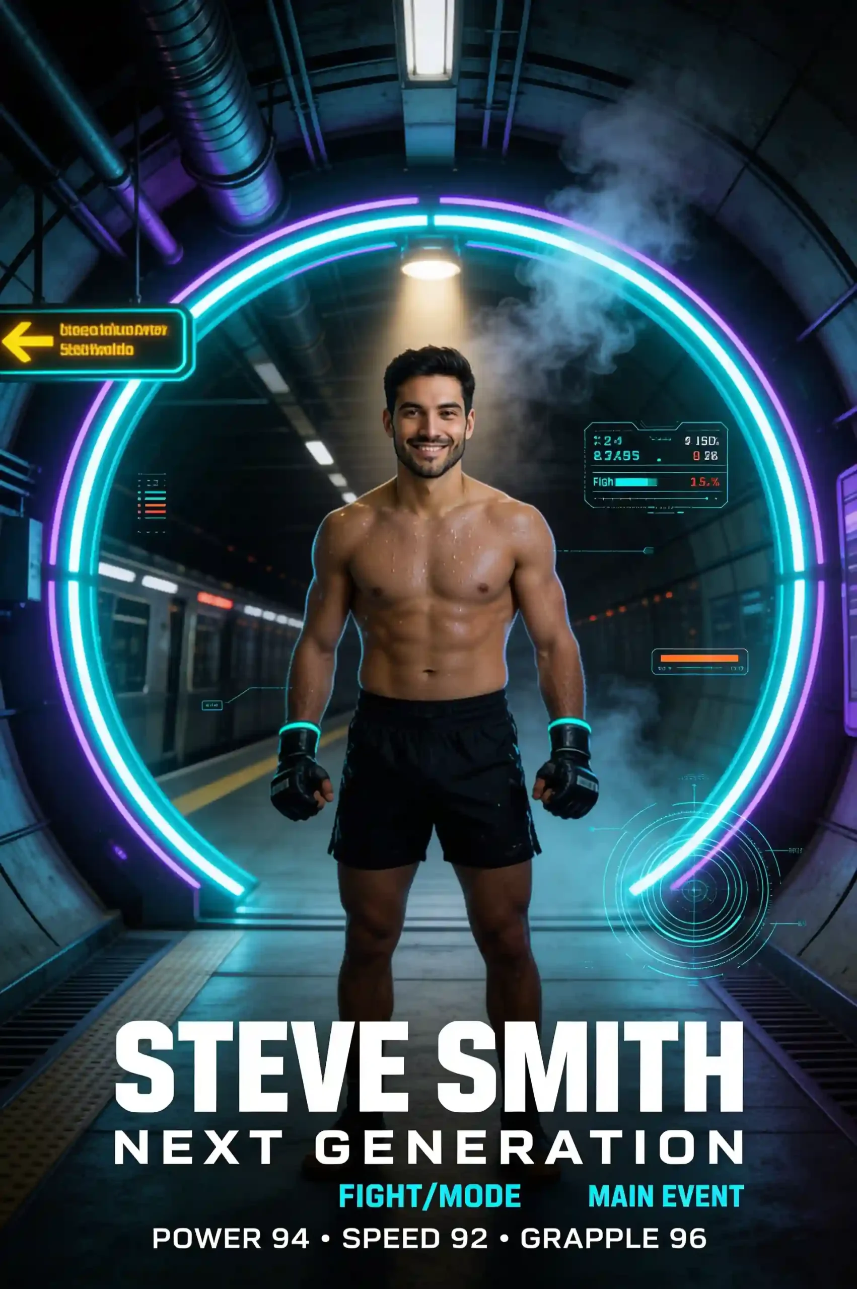 A fighter stands beneath a glowing neon portal in a futuristic underground arena.