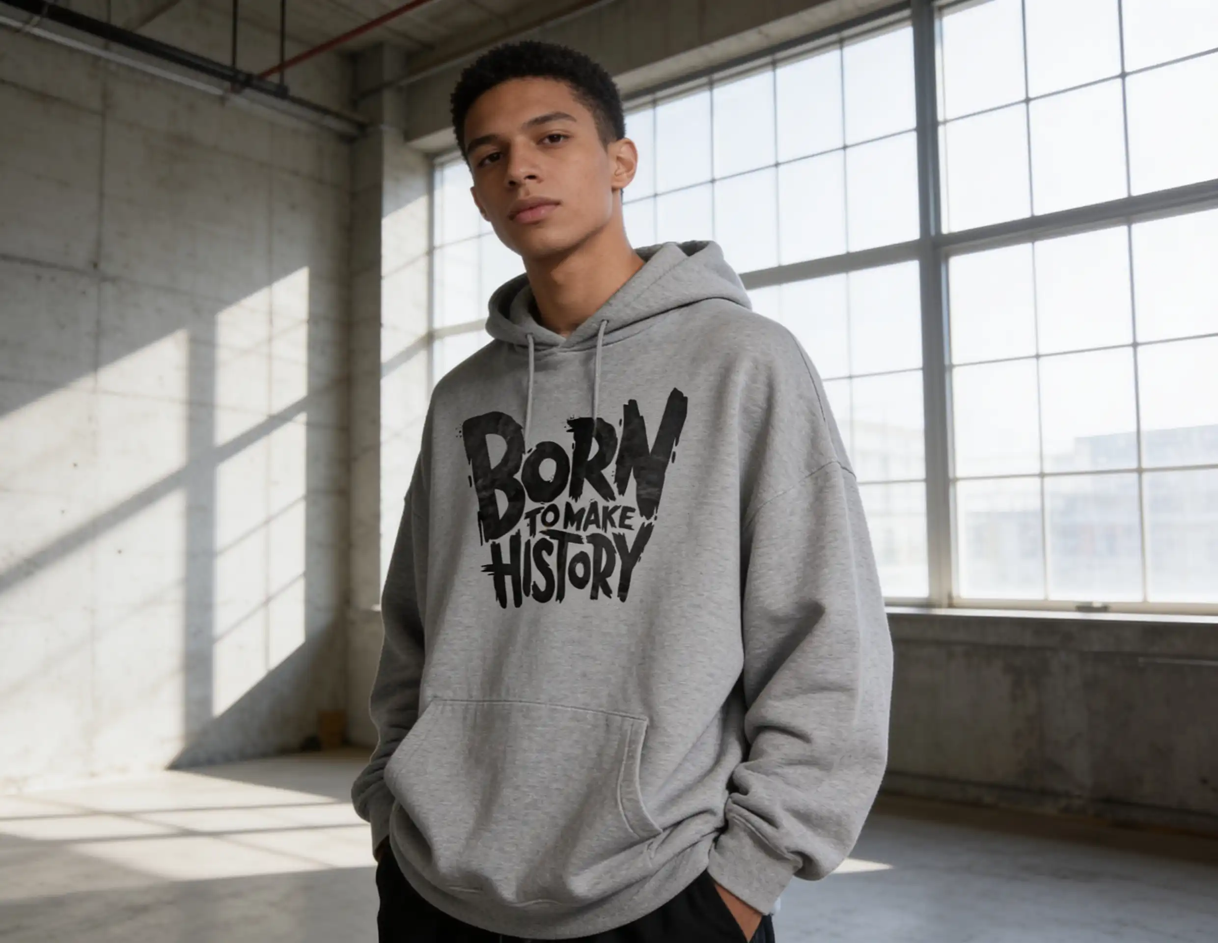 A gray pullover hoodie worn by a model, with a bold black chest graphic, photographed in a bright industrial loft with large windows and natural sunlight.