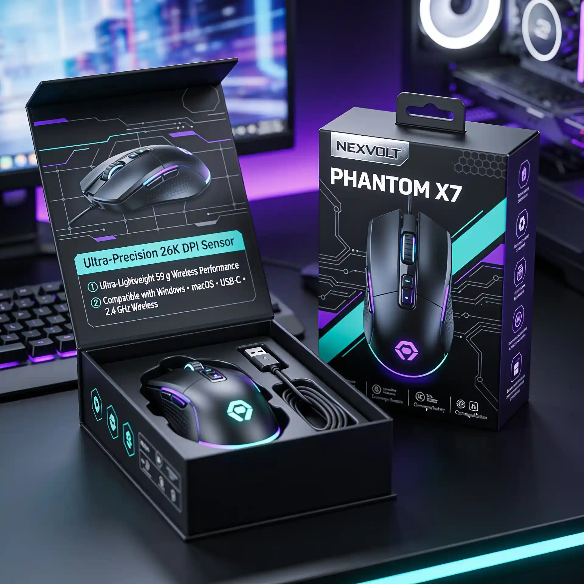 Futuristic wireless gaming mouse packaging with black, cyan, and purple graphics