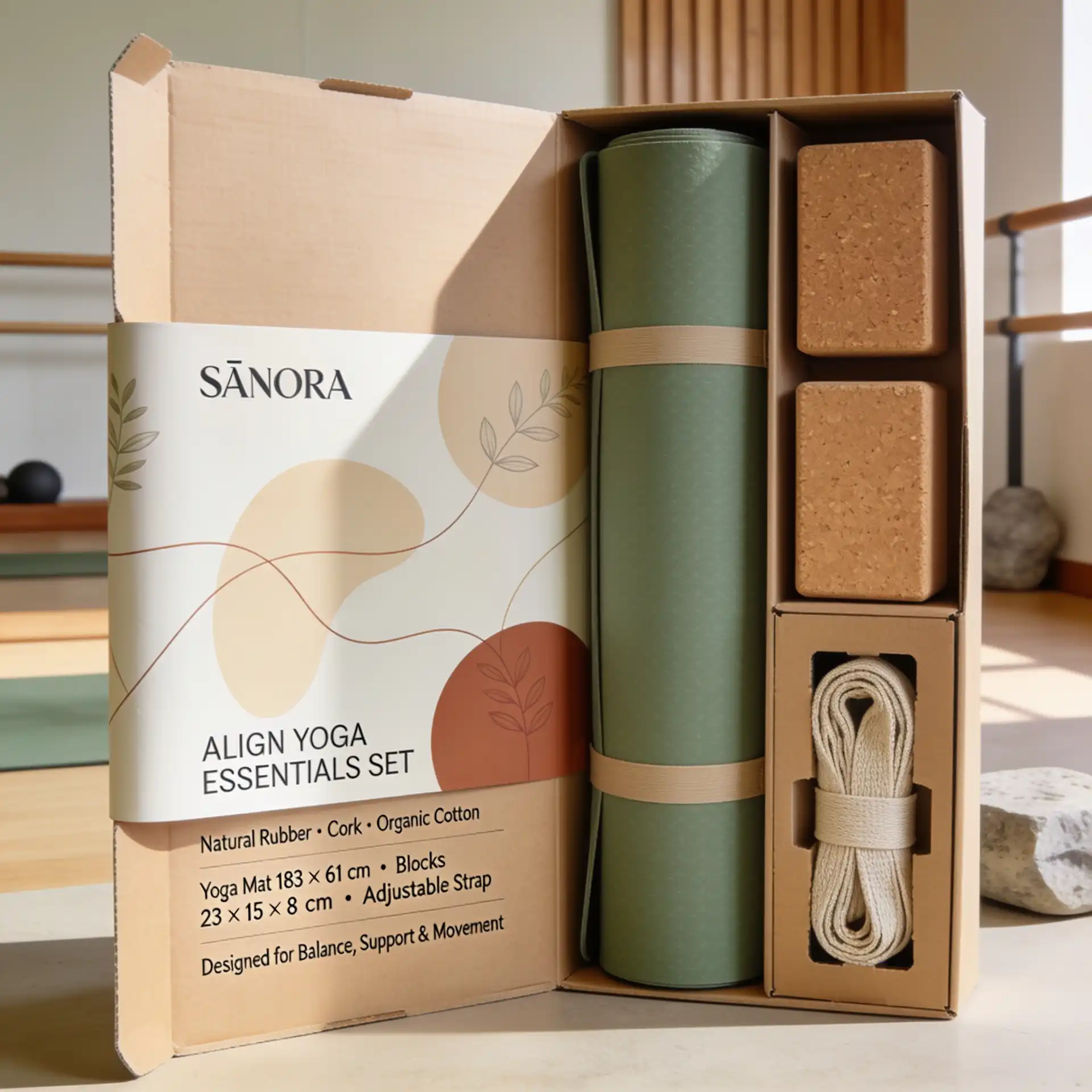 Sustainable yoga accessories packaging with yoga mat, cork blocks, and cotton strap