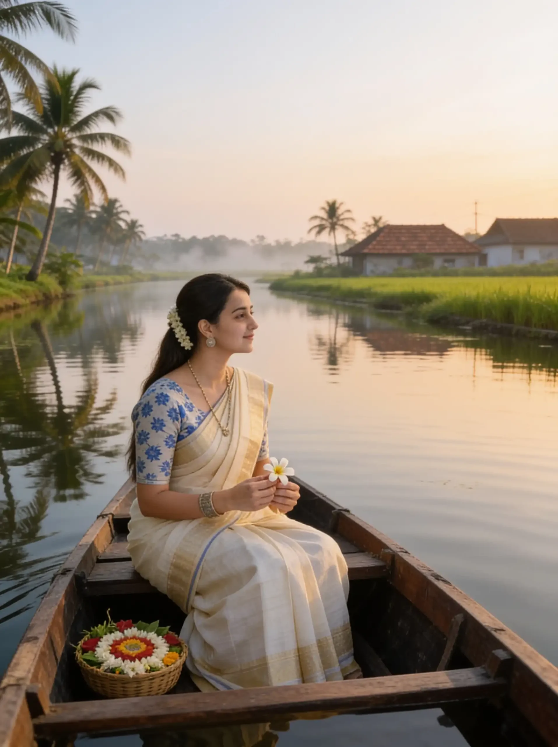 Person in traditional Kasavu attire sitting in a wooden canoe on Kerala backwaters at sunrise.
