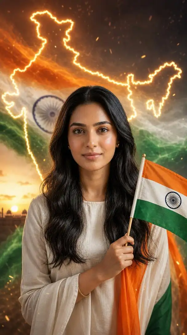 Cinematic Independence Day portrait of a person with Indian flags and warm sunset lighting.