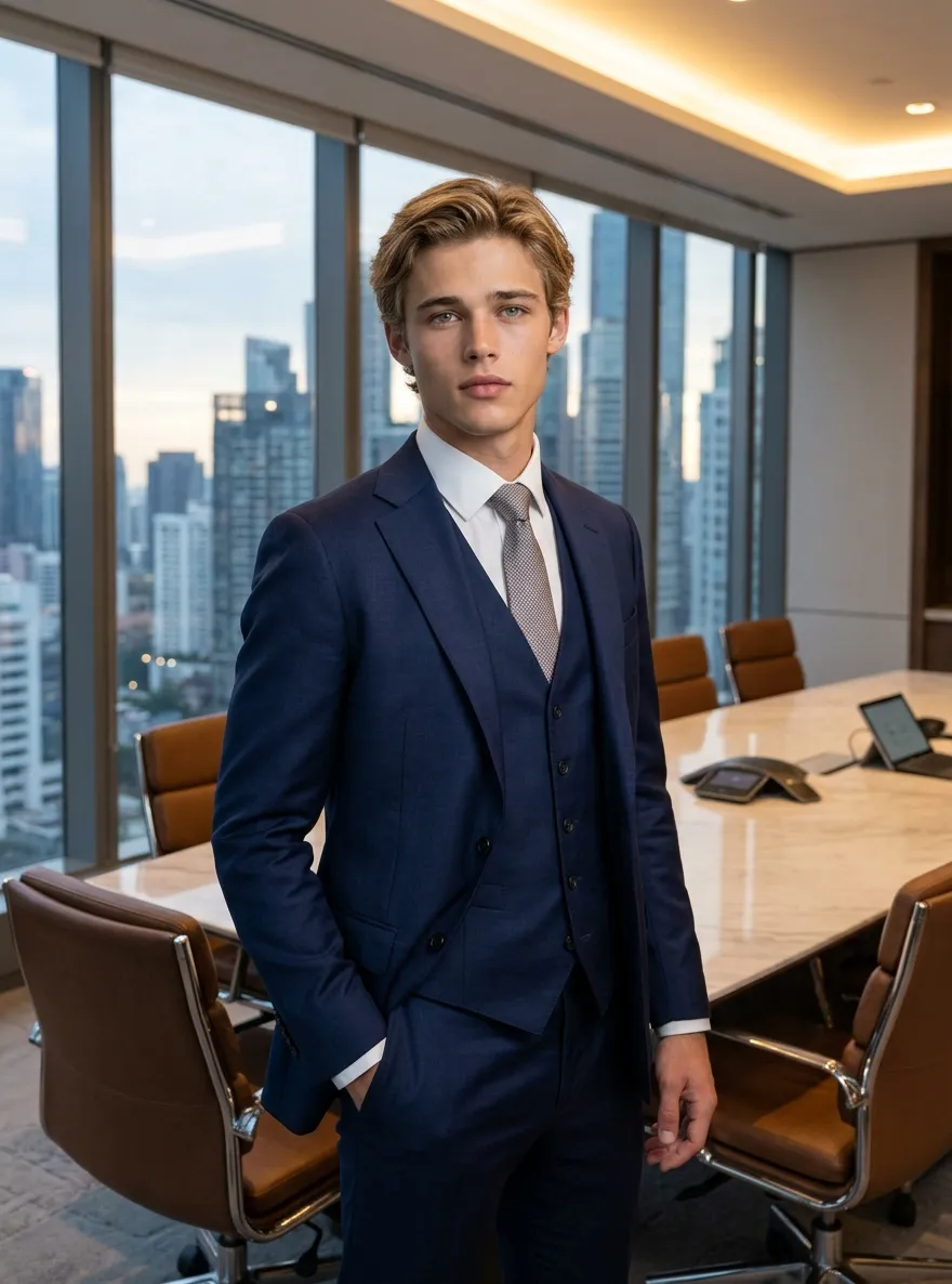 Ejecutivo masculino posando con confianza dentro de una sala de juntas de lujo con vistas panorámicas de la ciudad.