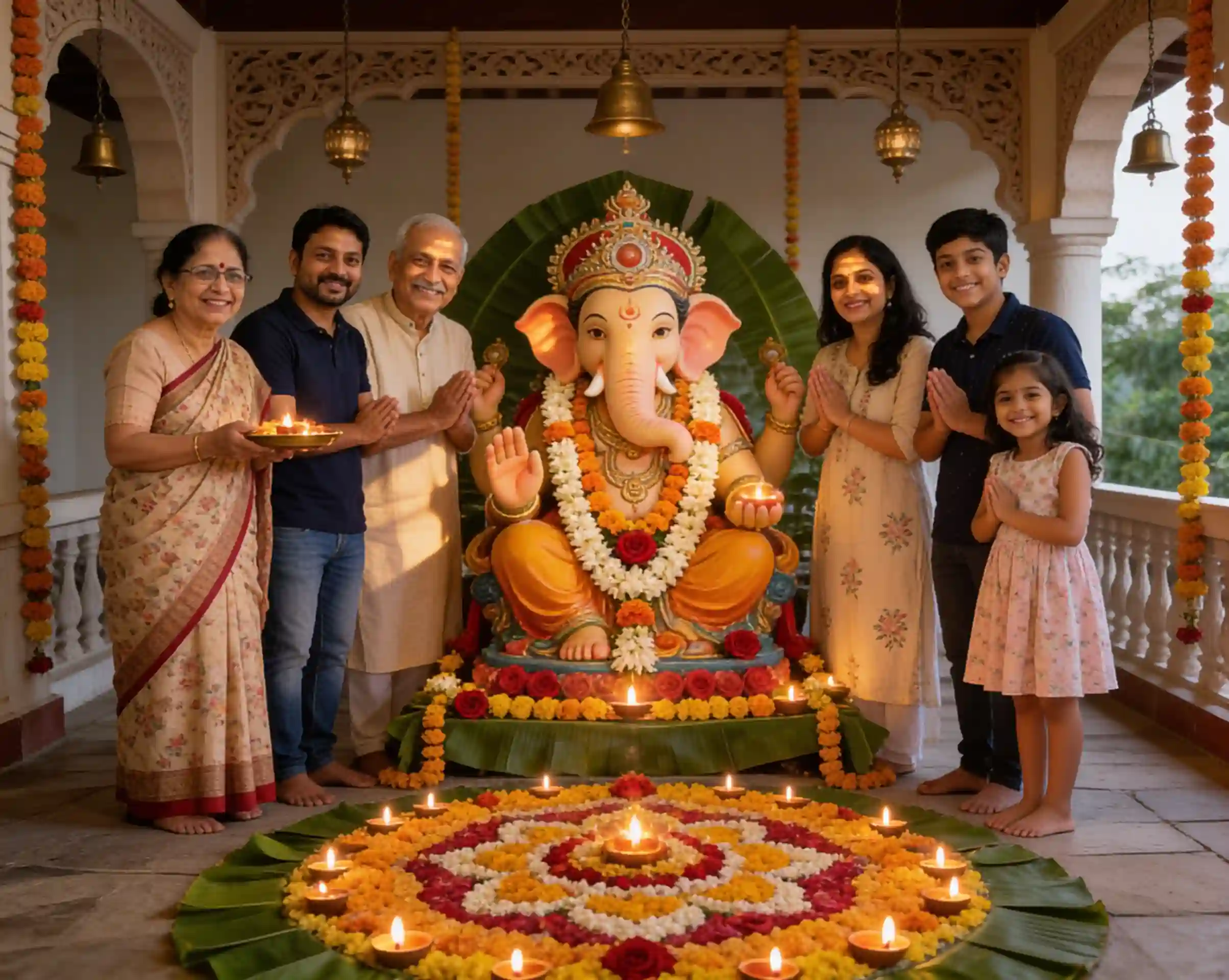 Family performing evening aarti together in front of a beautifully decorated Ganpati Bappa.