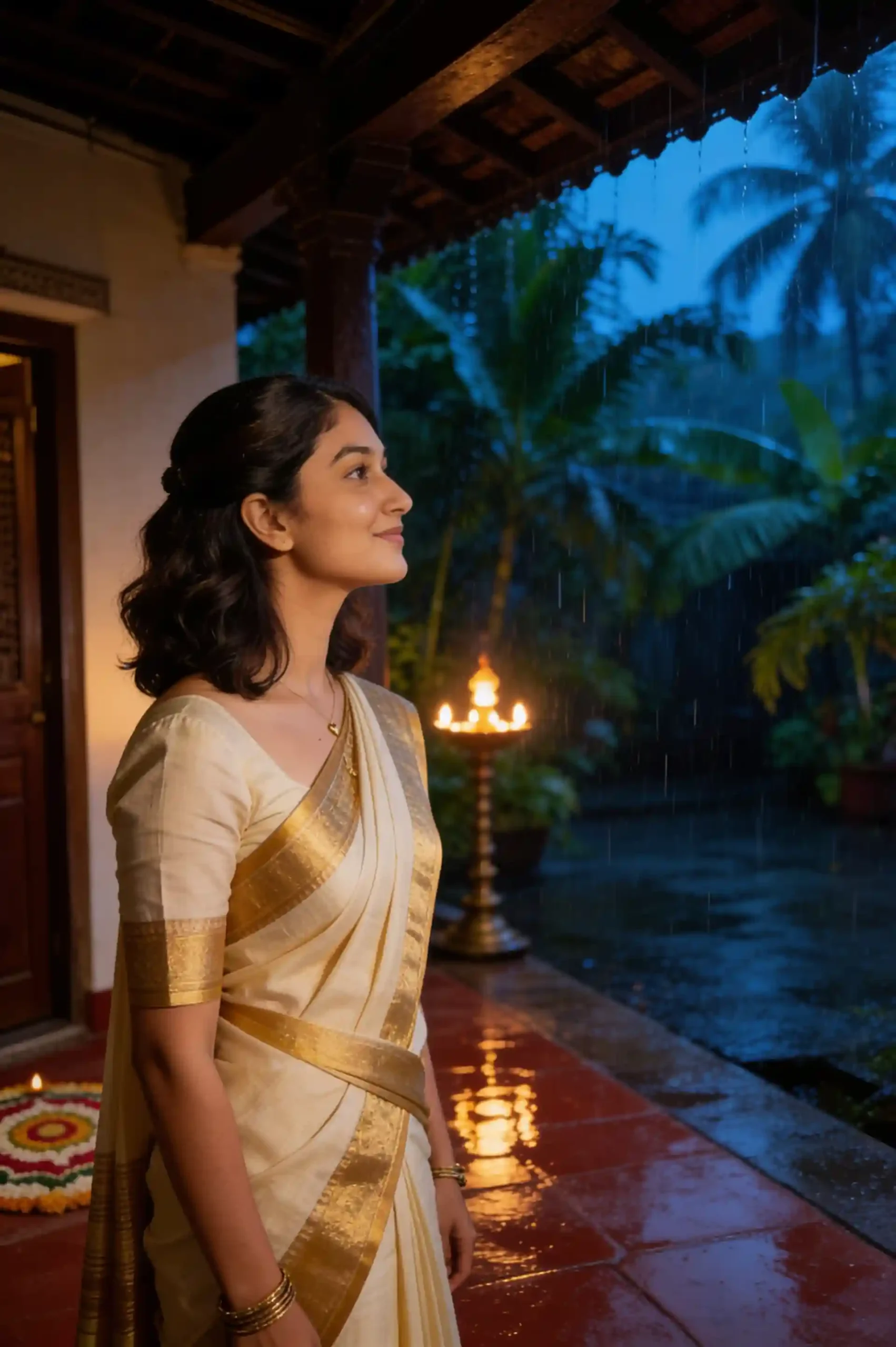 Person in traditional Kasavu attire posing on a Kerala verandah during monsoon rain.