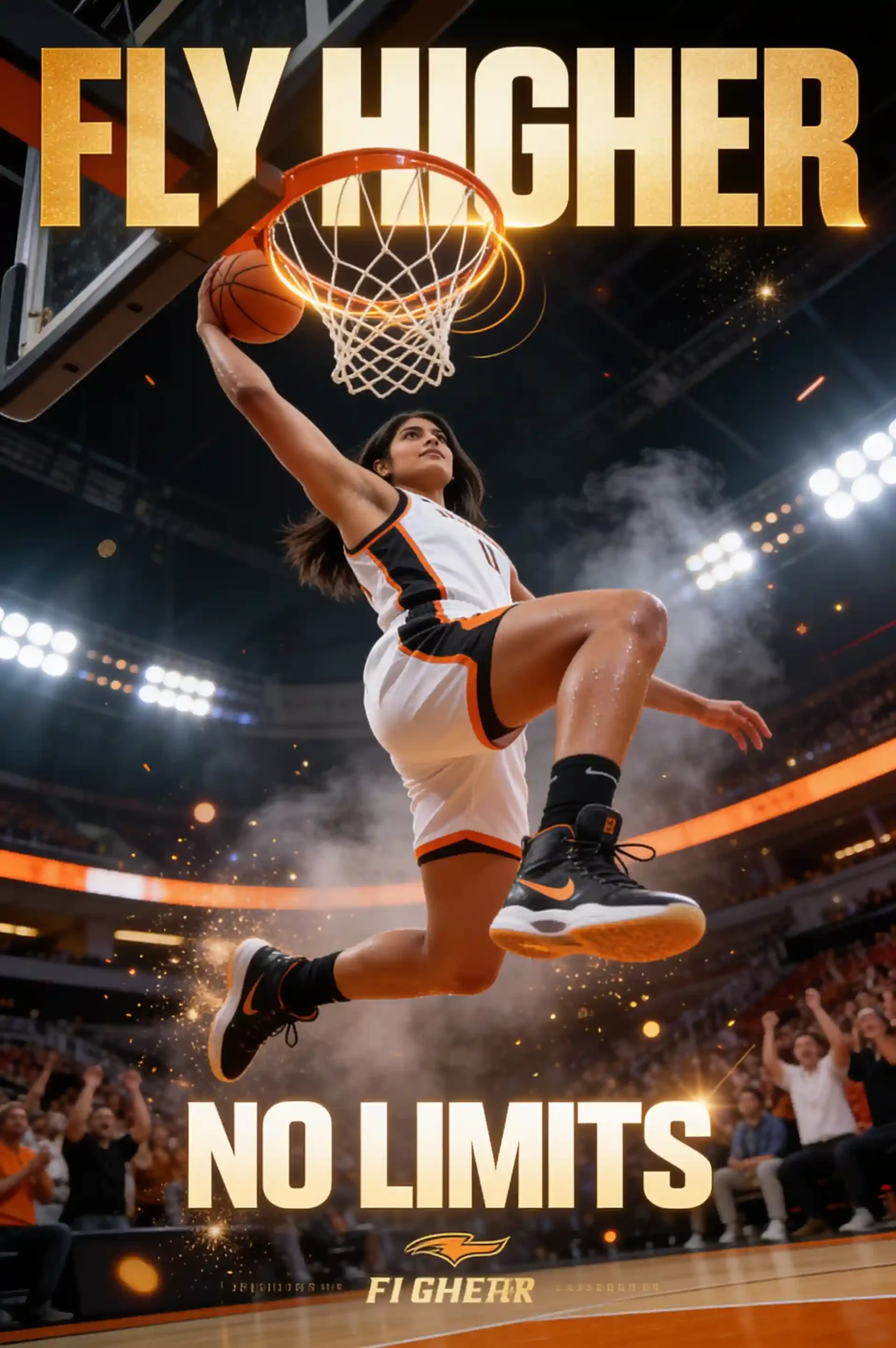 Basketball player making a powerful slam dunk in an indoor arena.