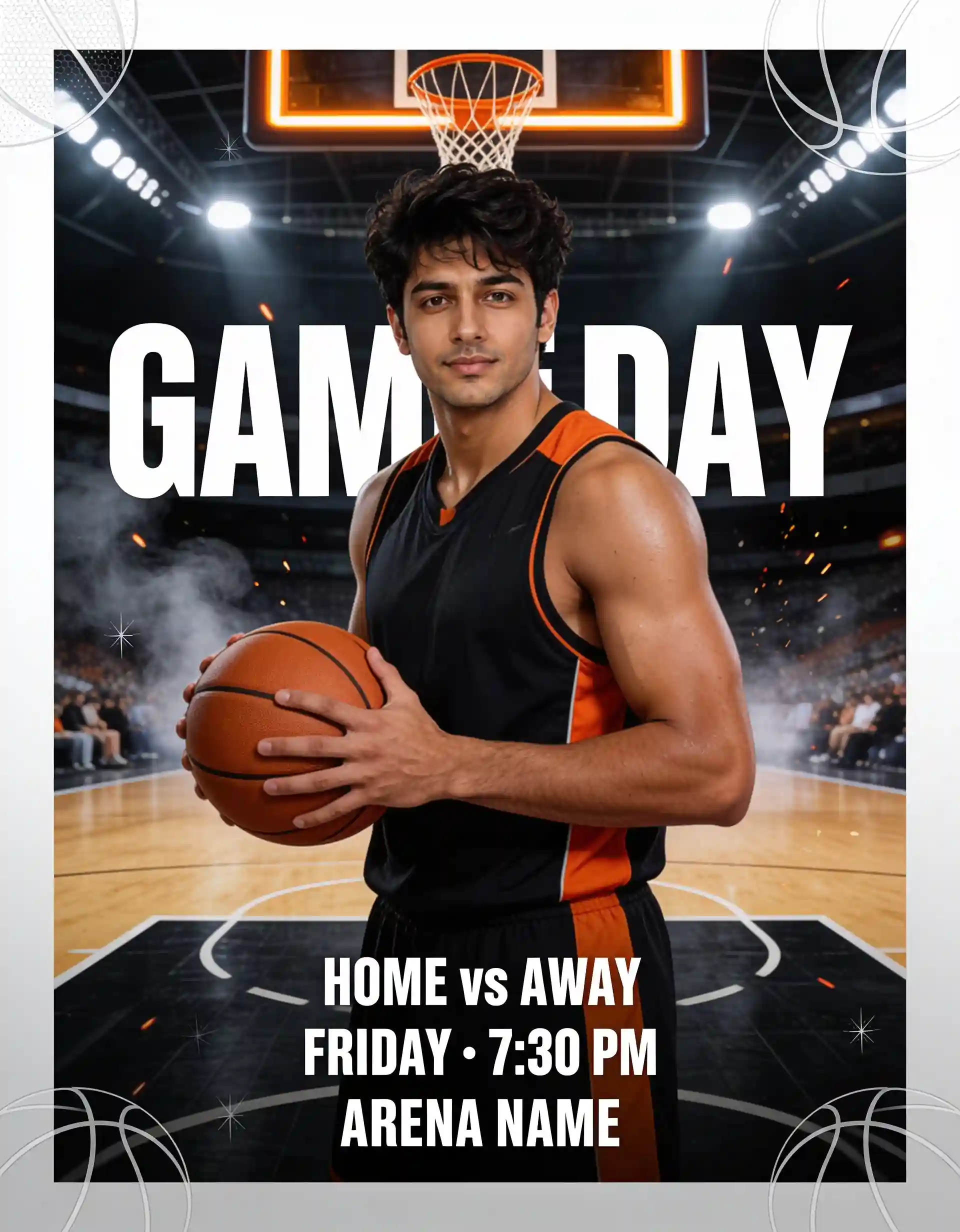 Basketball player holding a ball in a dramatic game day poster.