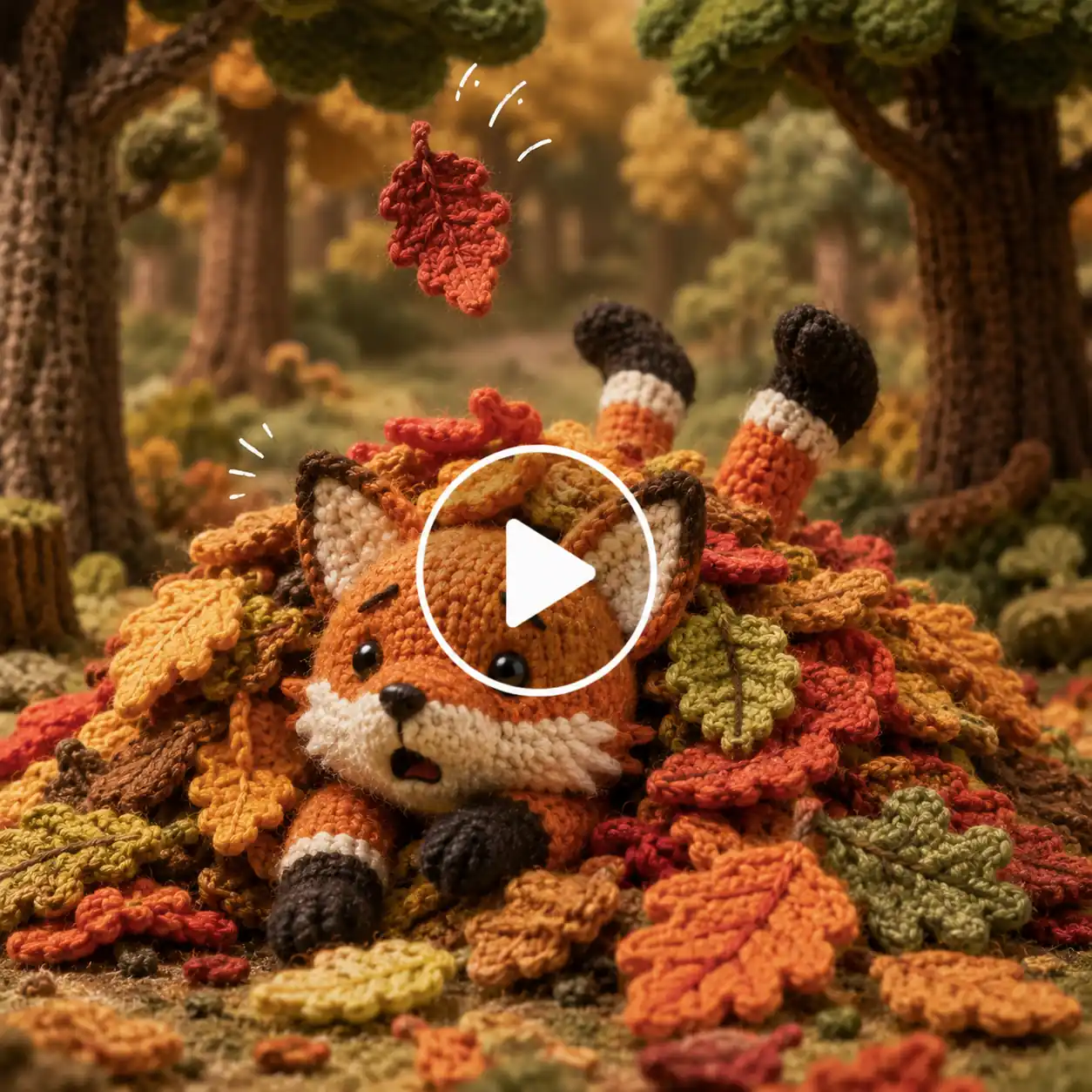 Crocheted fox tumbling into a colorful pile of yarn leaves in a cozy handcrafted forest.