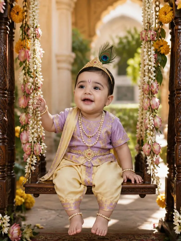Joyful Little Krishna seated on a flower-decorated traditional jhula in a bright heritage courtyard.