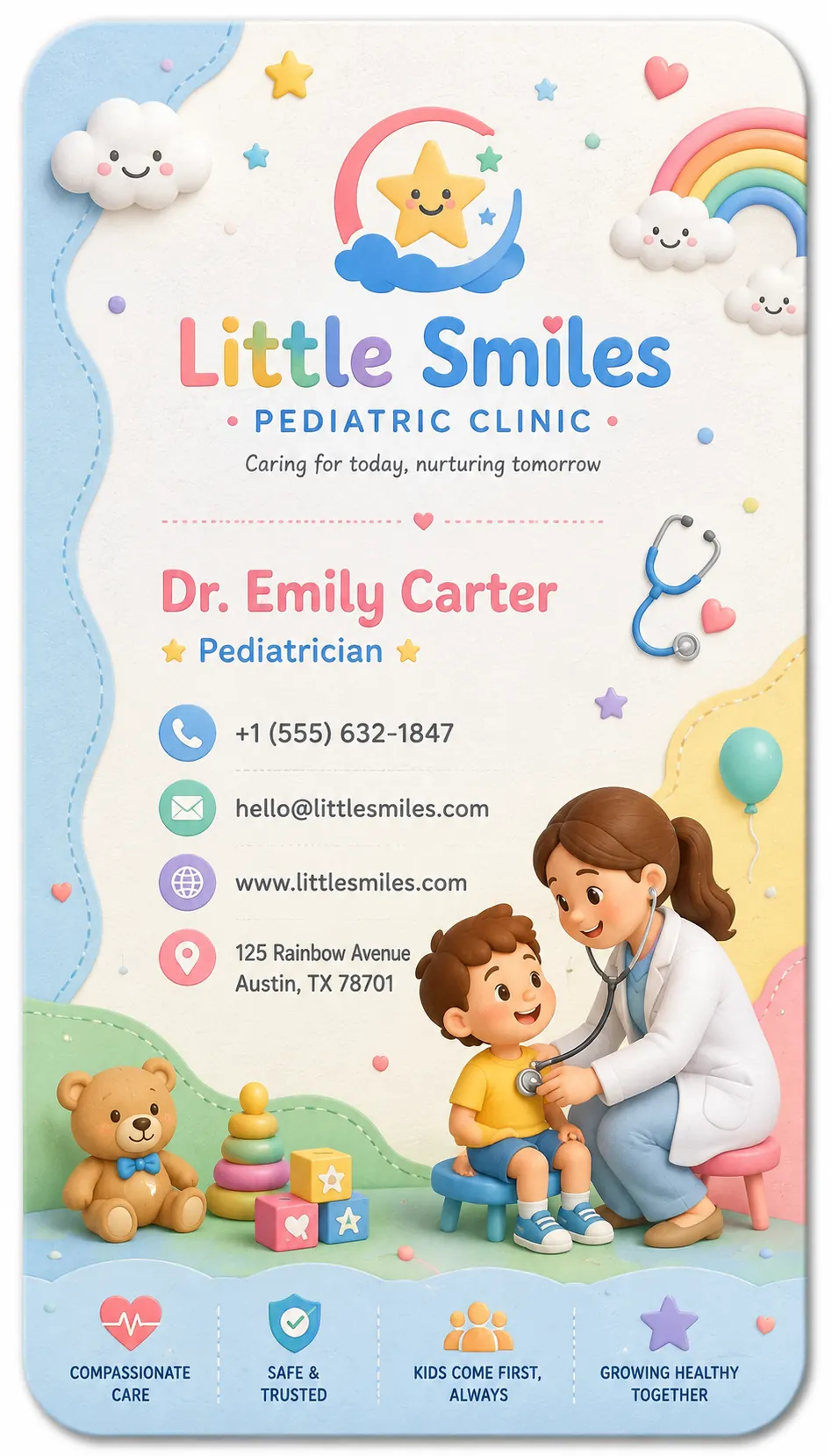 Cheerful pastel pediatric clinic business card featuring children, rainbows, clouds, animals, and playful medical illustrations.