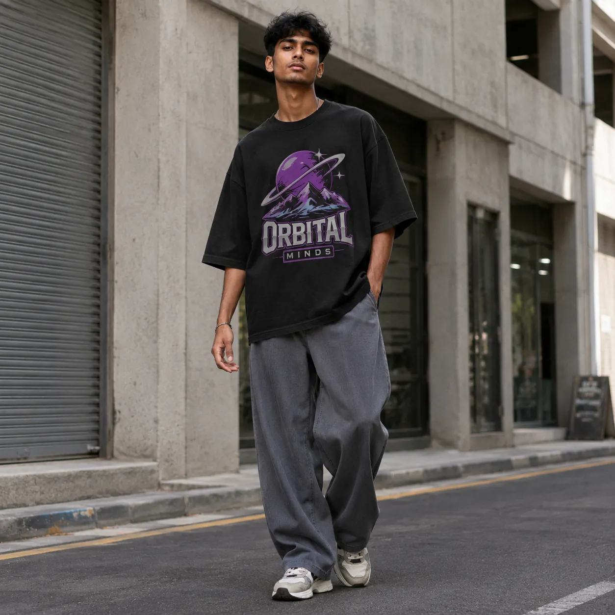 Male model wearing an oversized black graphic T-shirt with baggy trousers on an urban street.