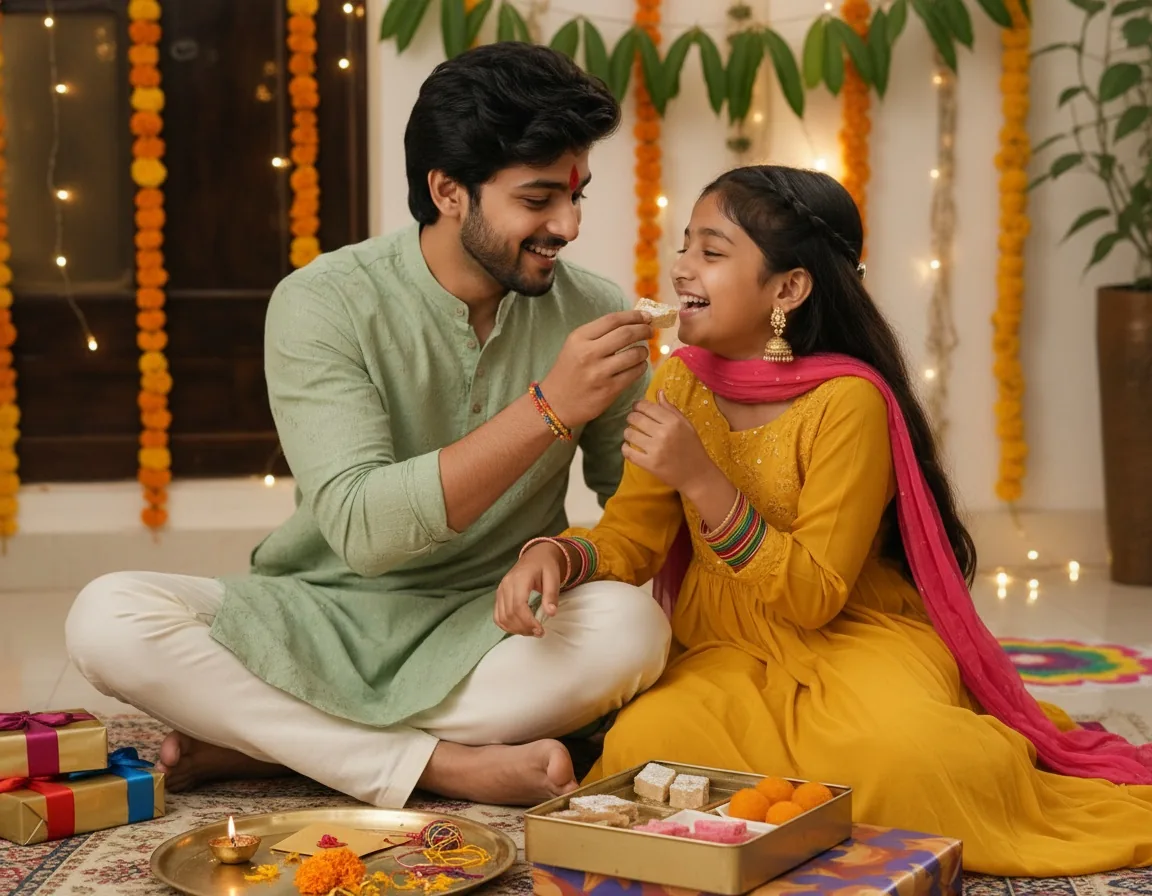 Brother playfully feeding kaju katli to his sister after the Rakhi ceremony in a colorful Indian festive setting.