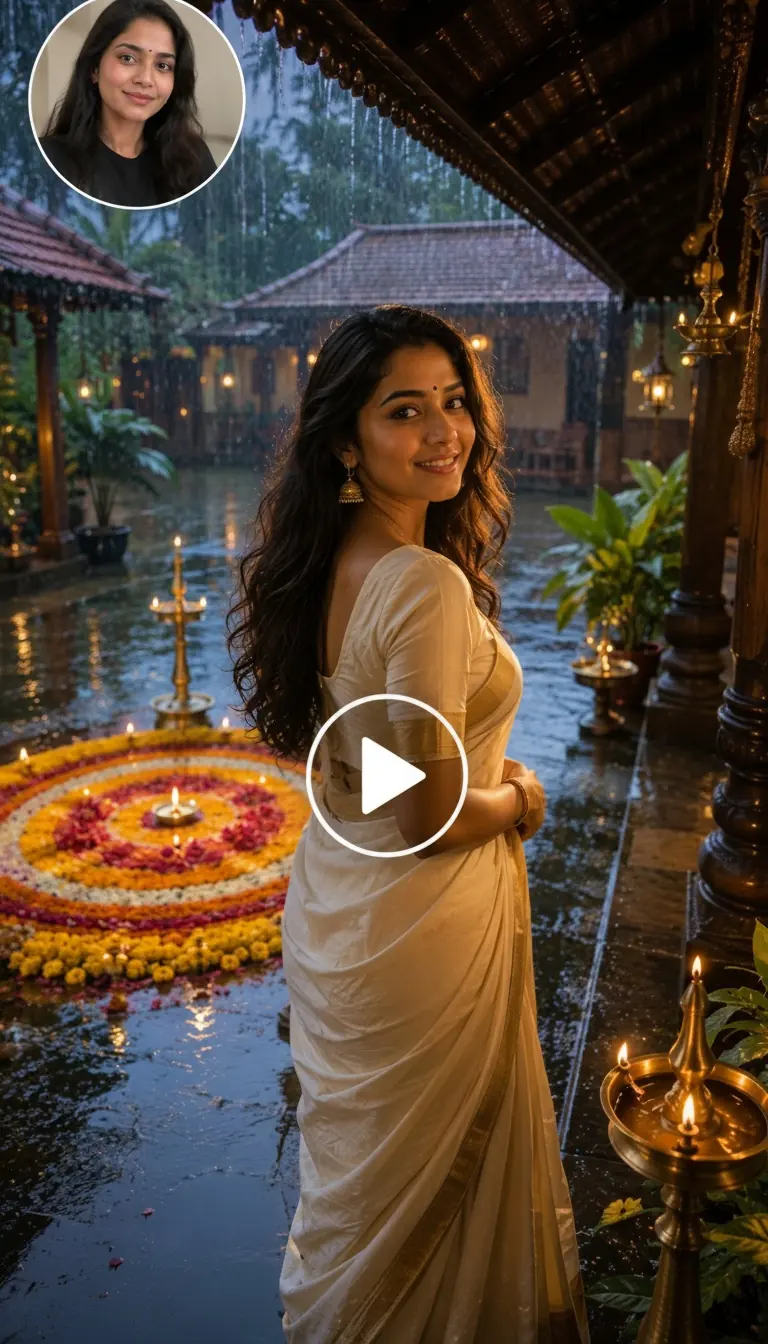 Frame screenshot of an Onam-themed video showing a person in traditional attire in a Kerala courtyard during gentle monsoon rain.