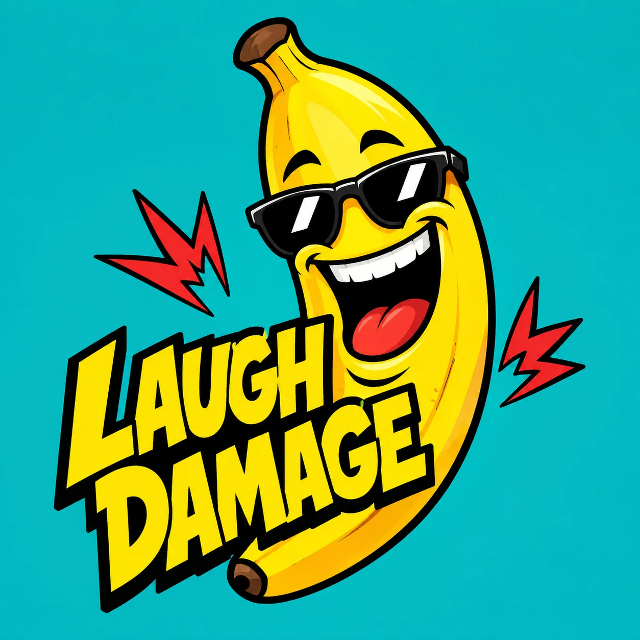 Comedy YouTube logo for Laugh Damage with a cartoon banana mascot wearing sunglasses on a bright turquoise background.