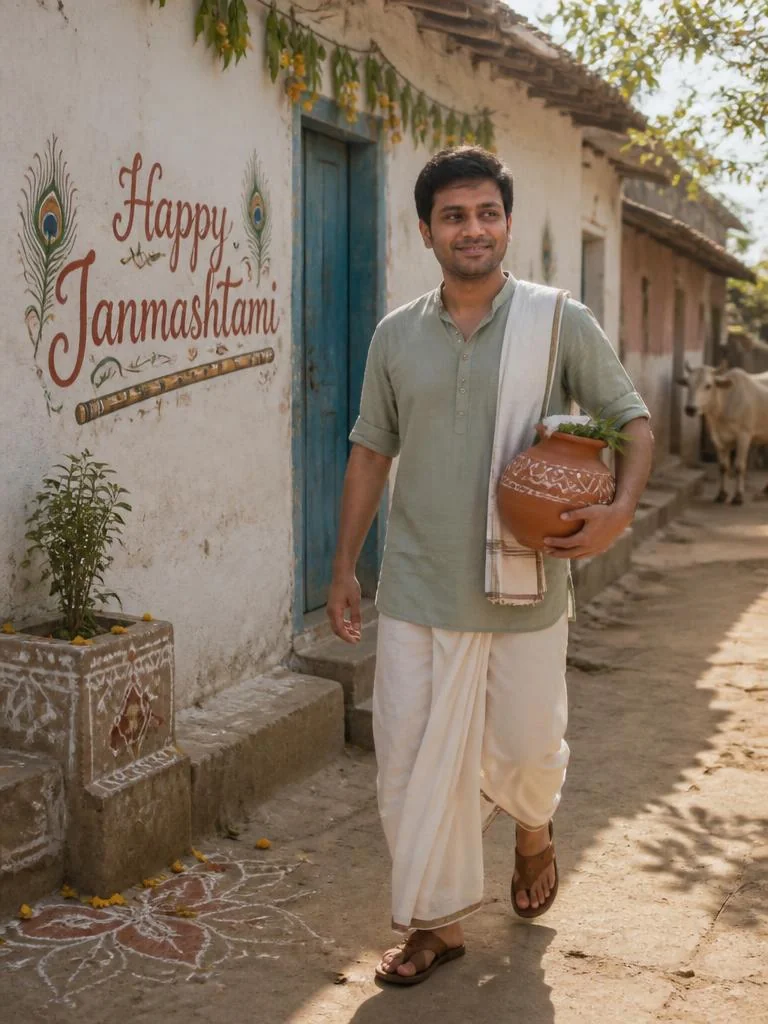 Young man in rustic handloom attire carrying a decorated matki through a peaceful Gokul-inspired village.