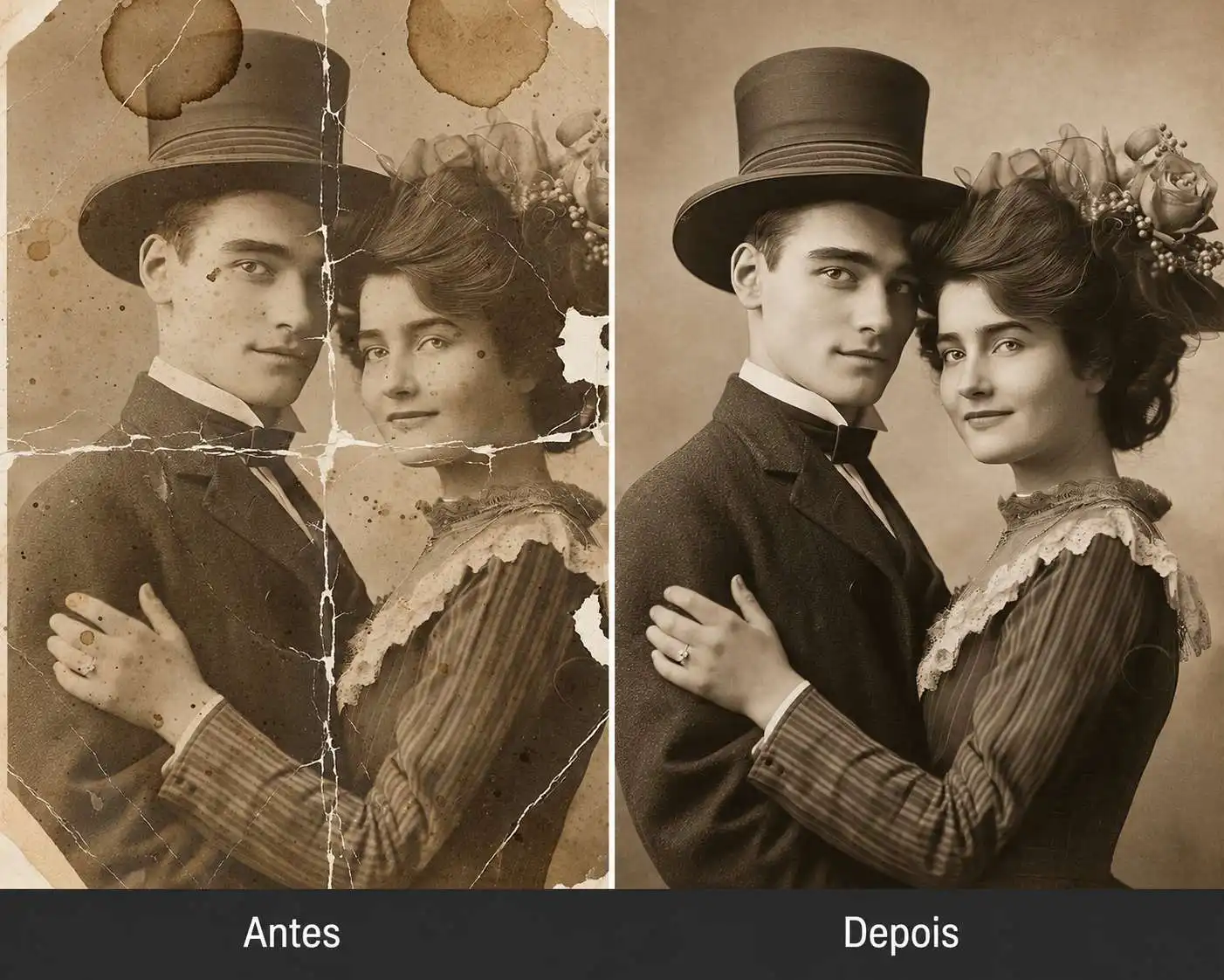 Comparação de antes e depois mostrando uma foto antiga com arranhões, rachaduras, poeira e manchas removidos.