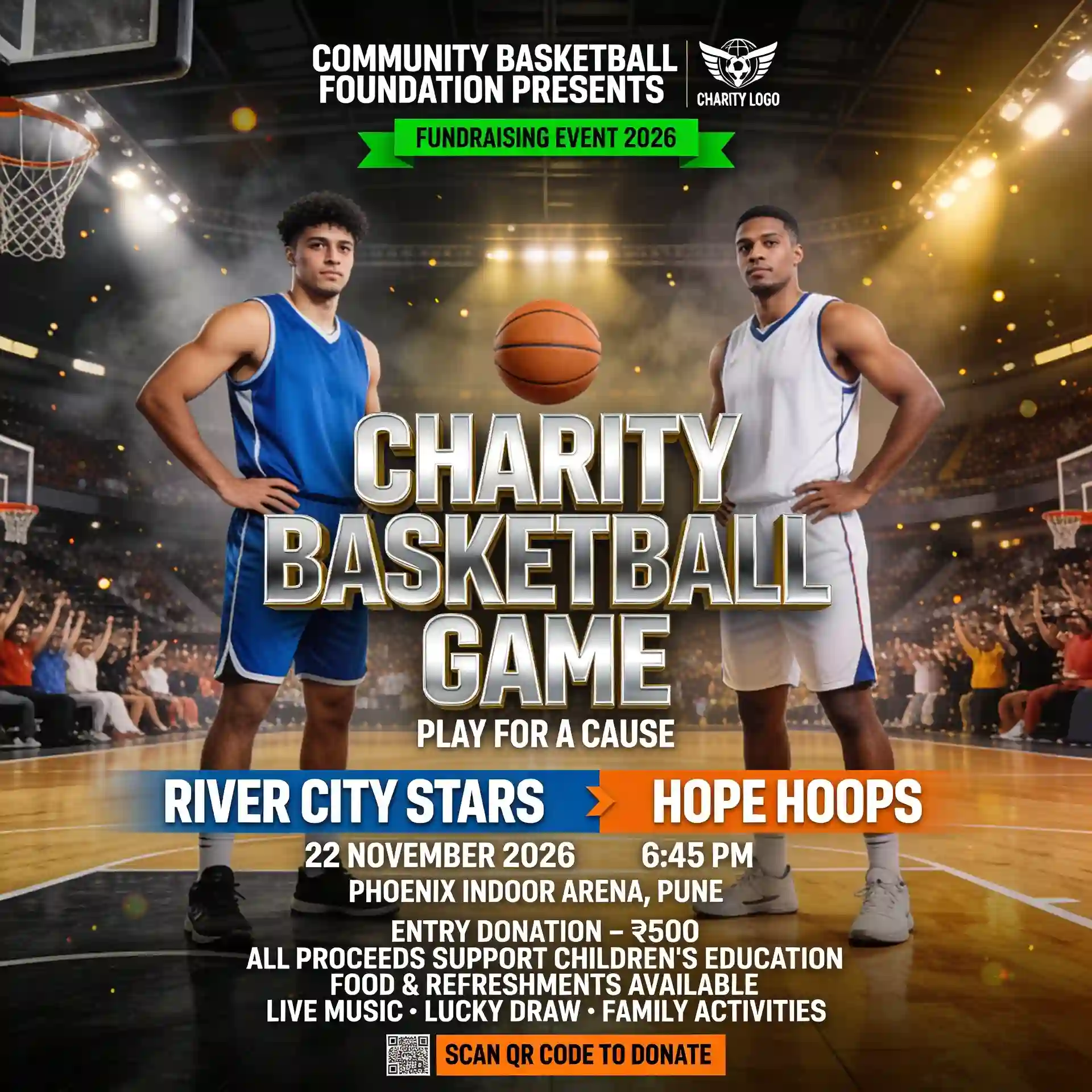Charity basketball game poster with two players standing on a court inside a brightly lit arena.