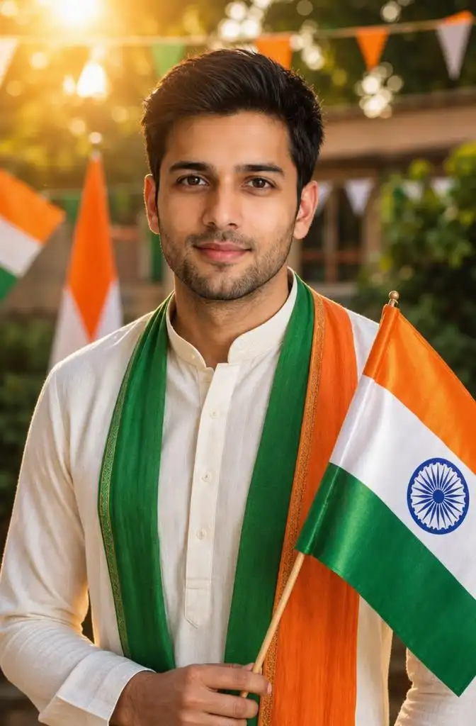 Person wearing traditional Indian clothing in tricolor-inspired colors with patriotic decorations and Indian flags.