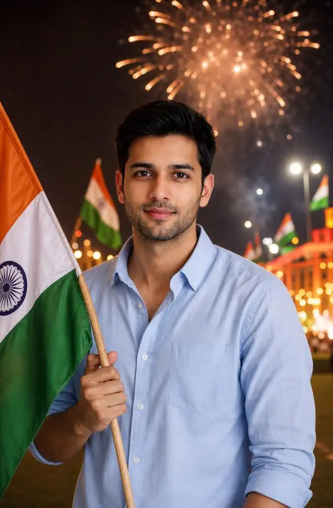 Person featured in an Independence Day artwork with a glowing map of India and tricolor patriotic effects.