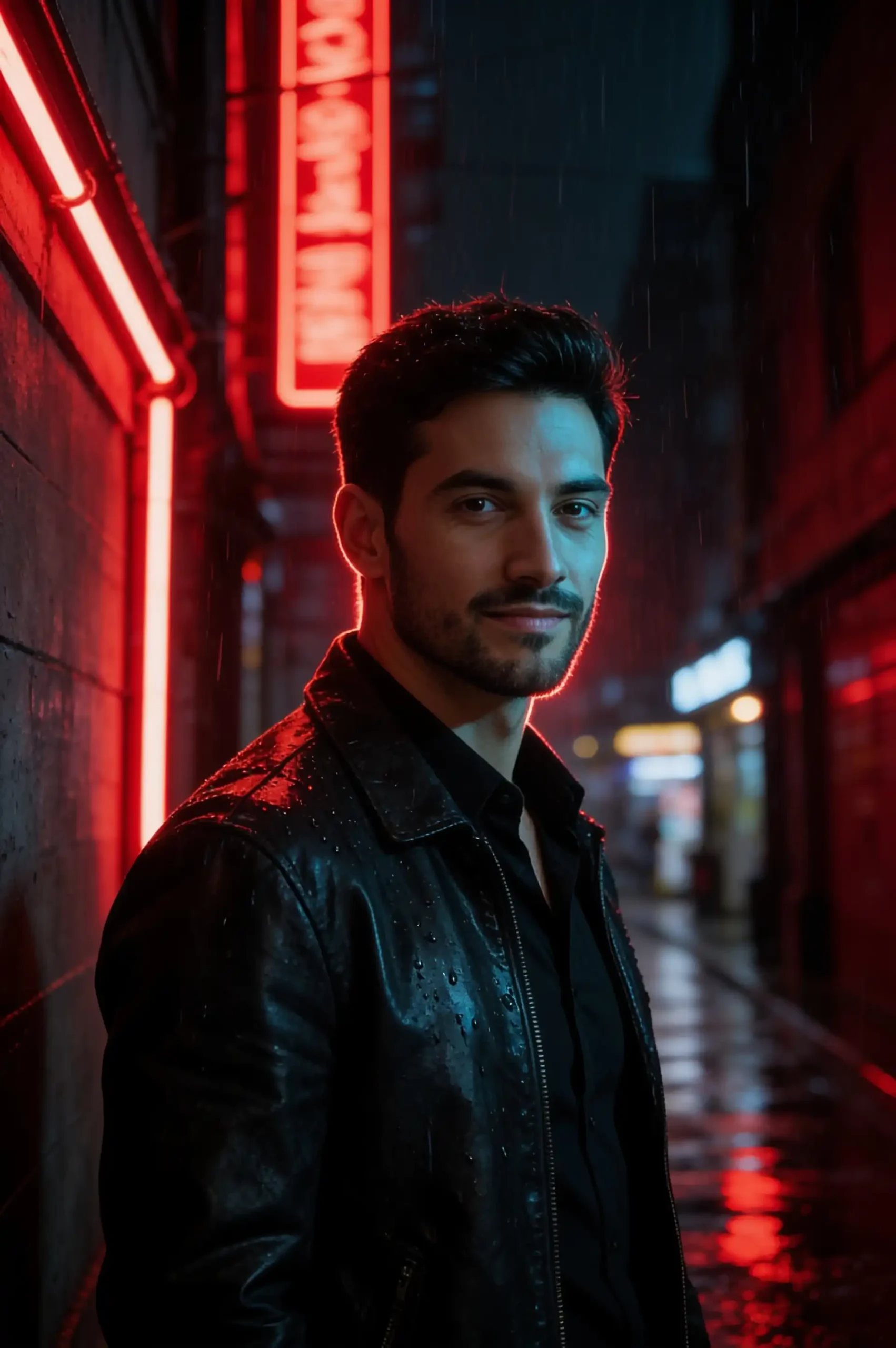 Man in a black leather jacket posing in a rainy red neon-lit alley.