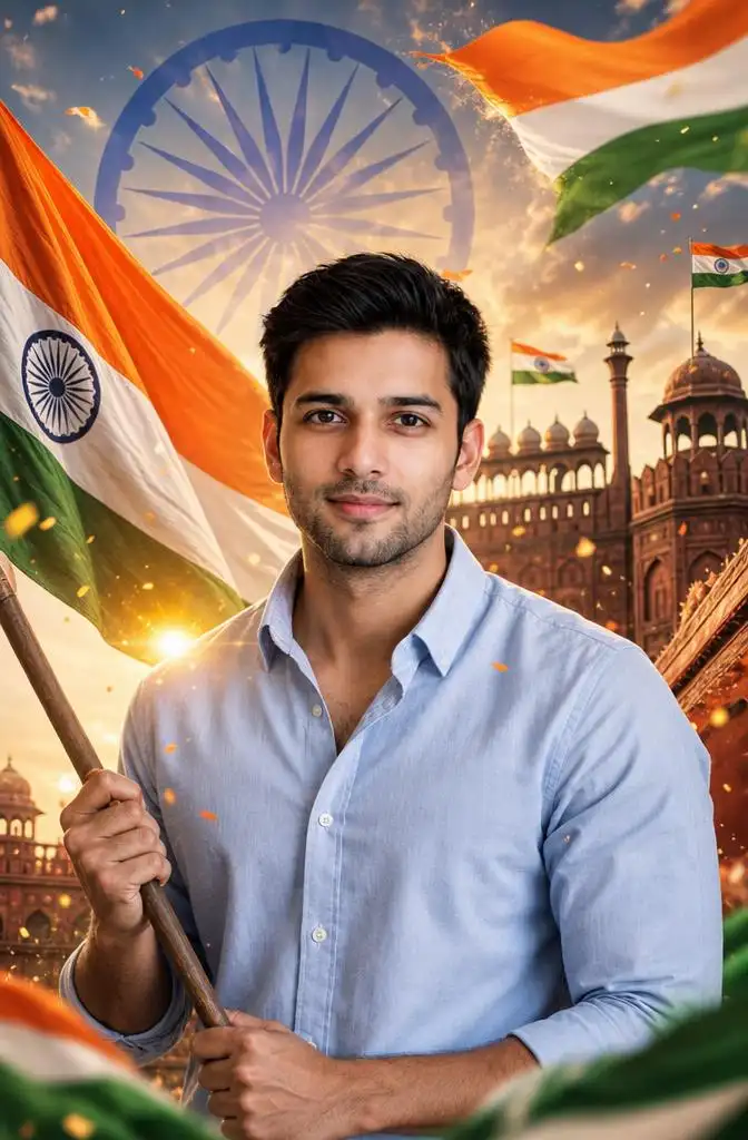 3D Independence Day poster featuring a person surrounded by Indian flags, Ashoka Chakra elements, and tricolor lighting.