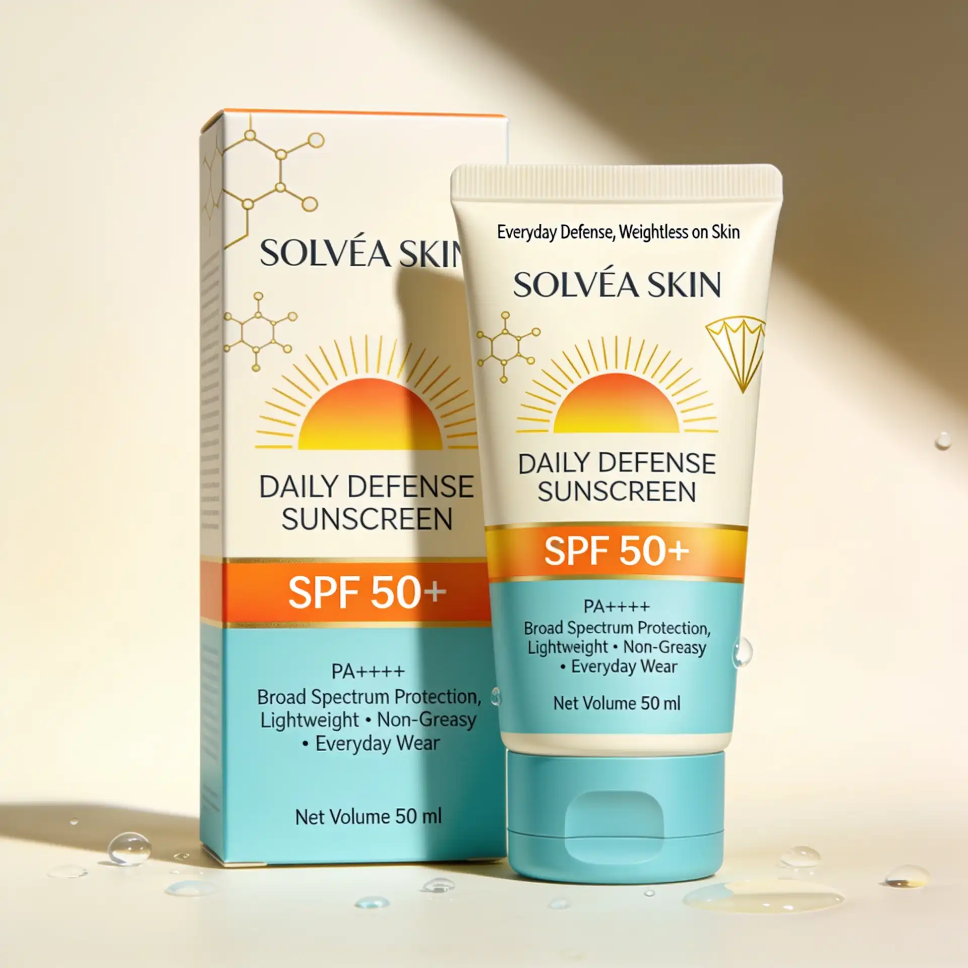 SPF 50 sunscreen tube and carton packaging in ivory, aqua blue, and orange