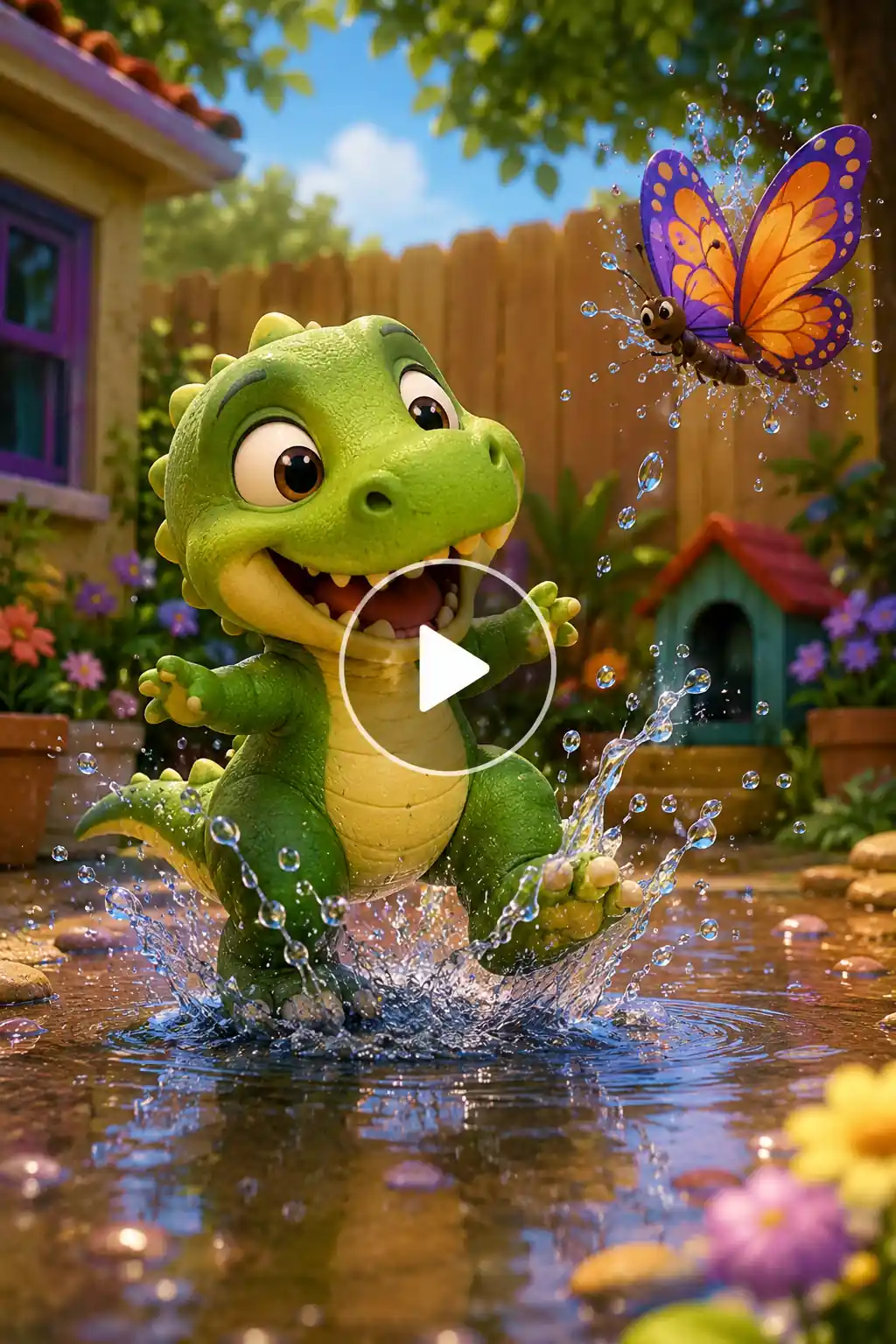 Happy baby dinosaur splashing through a rain puddle while a butterfly flies nearby.