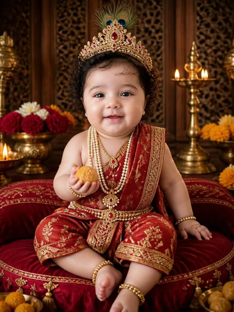 Regal Laddu Gopal seated on a red velvet gaddi in ruby-red and antique-gold attire, holding a golden laddu.