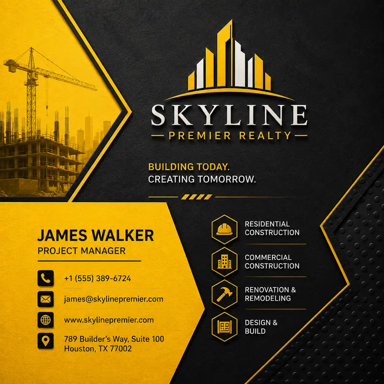 Bold black-and-yellow construction business card with industrial textures, cranes, blueprints, and metallic accents.