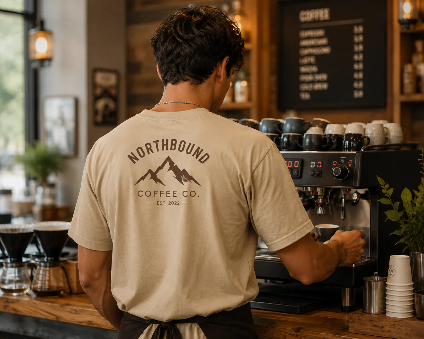 Barista wearing a beige T-shirt with a large back logo while preparing coffee at an espresso machine.