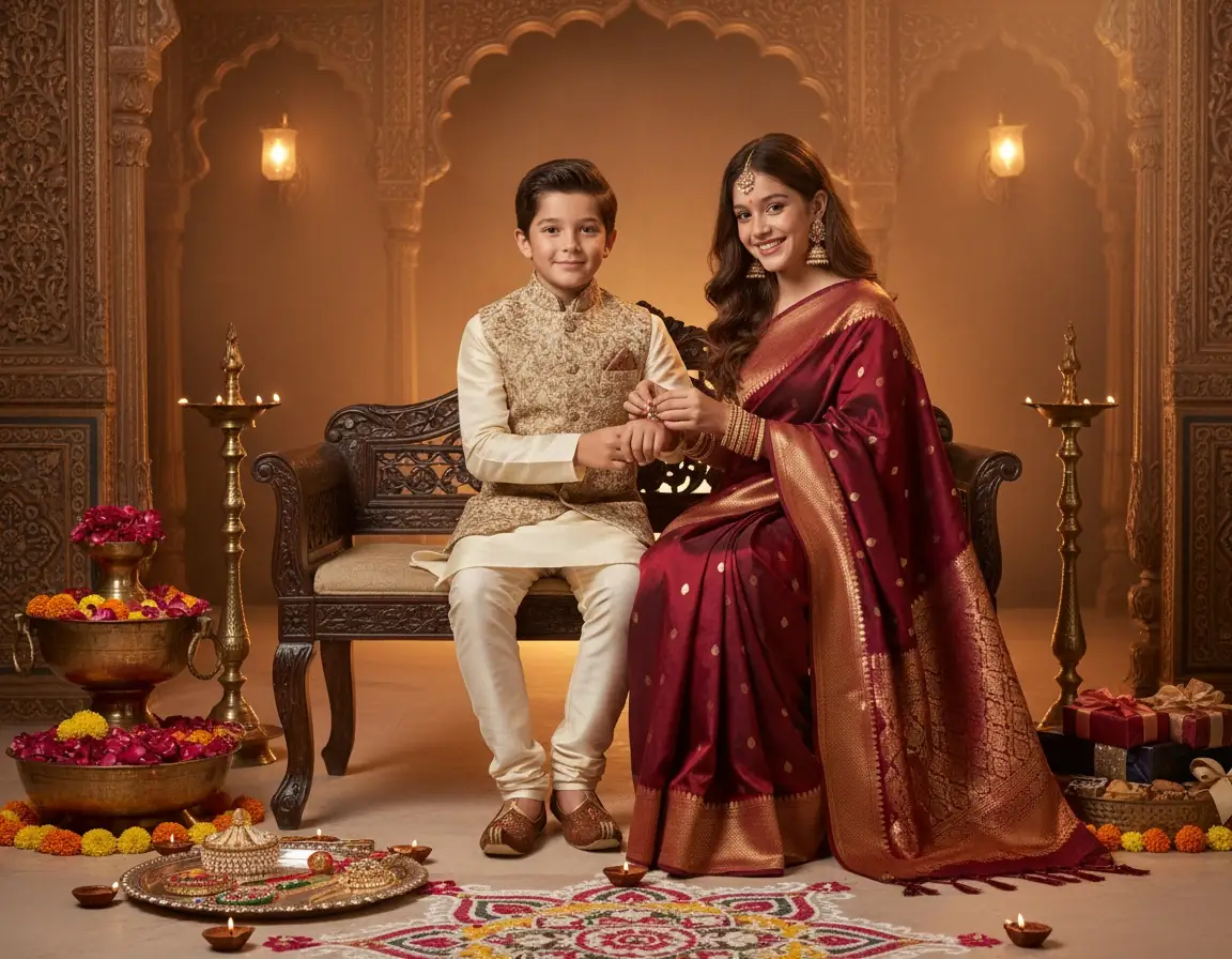 Brother and sister celebrating Raksha Bandhan in luxurious Indian outfits inside an elegant haveli decorated with diyas and flowers.