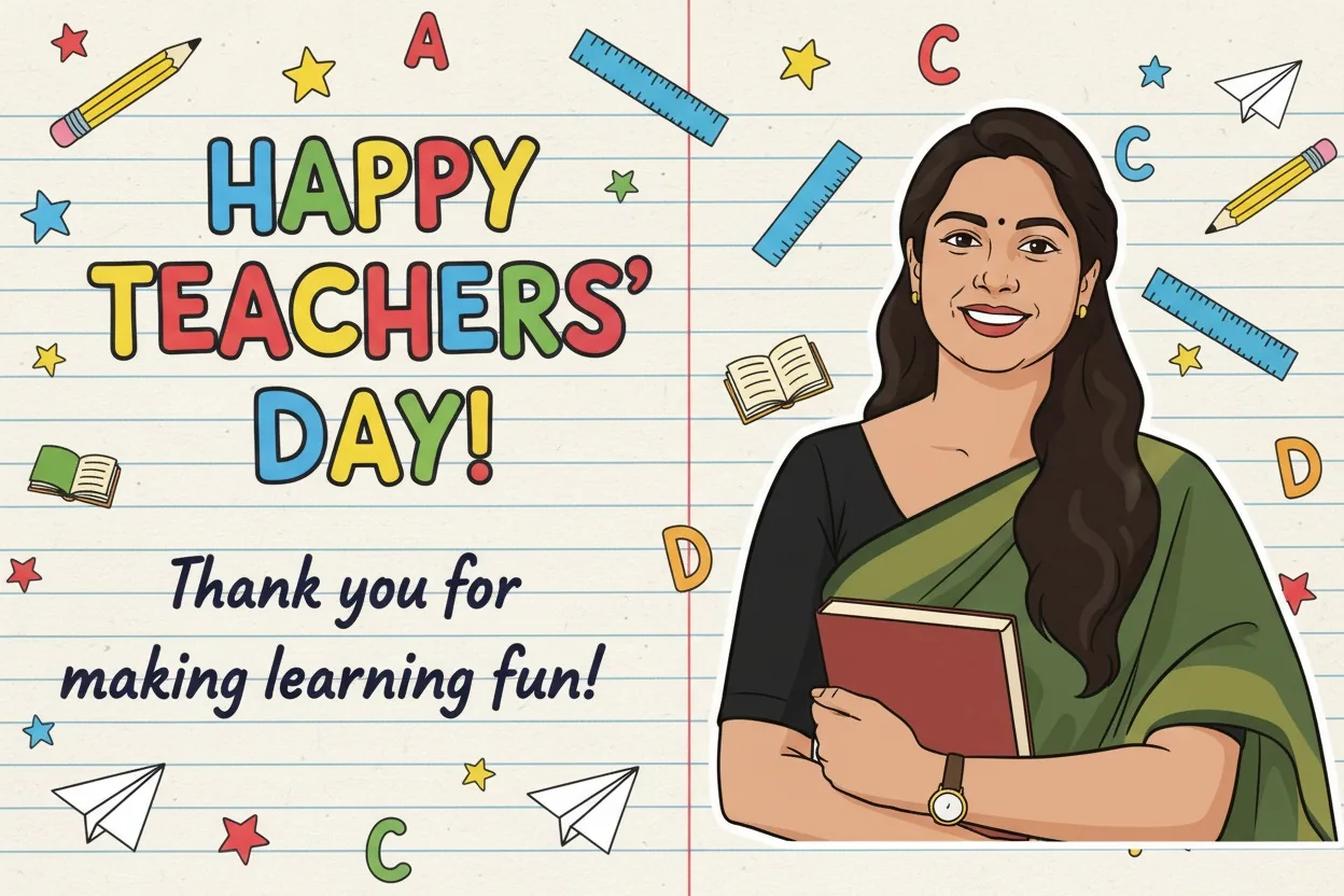 Personalized cartoon Teachers’ Day card with a teacher cutout, classroom doodles, and a thank-you message