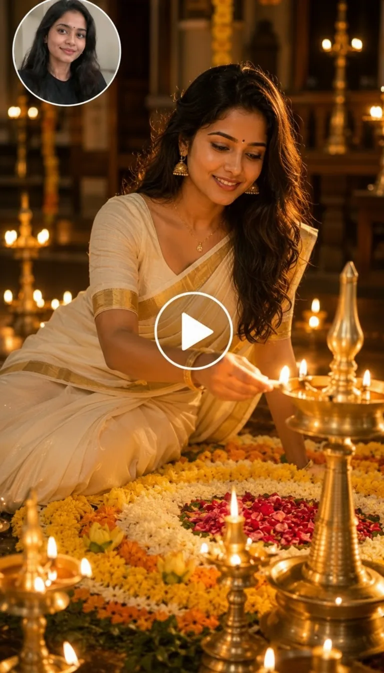 Frame screenshot of an Onam-themed video showing a person surrounded by glowing brass lamps and a colorful floral pookalam.