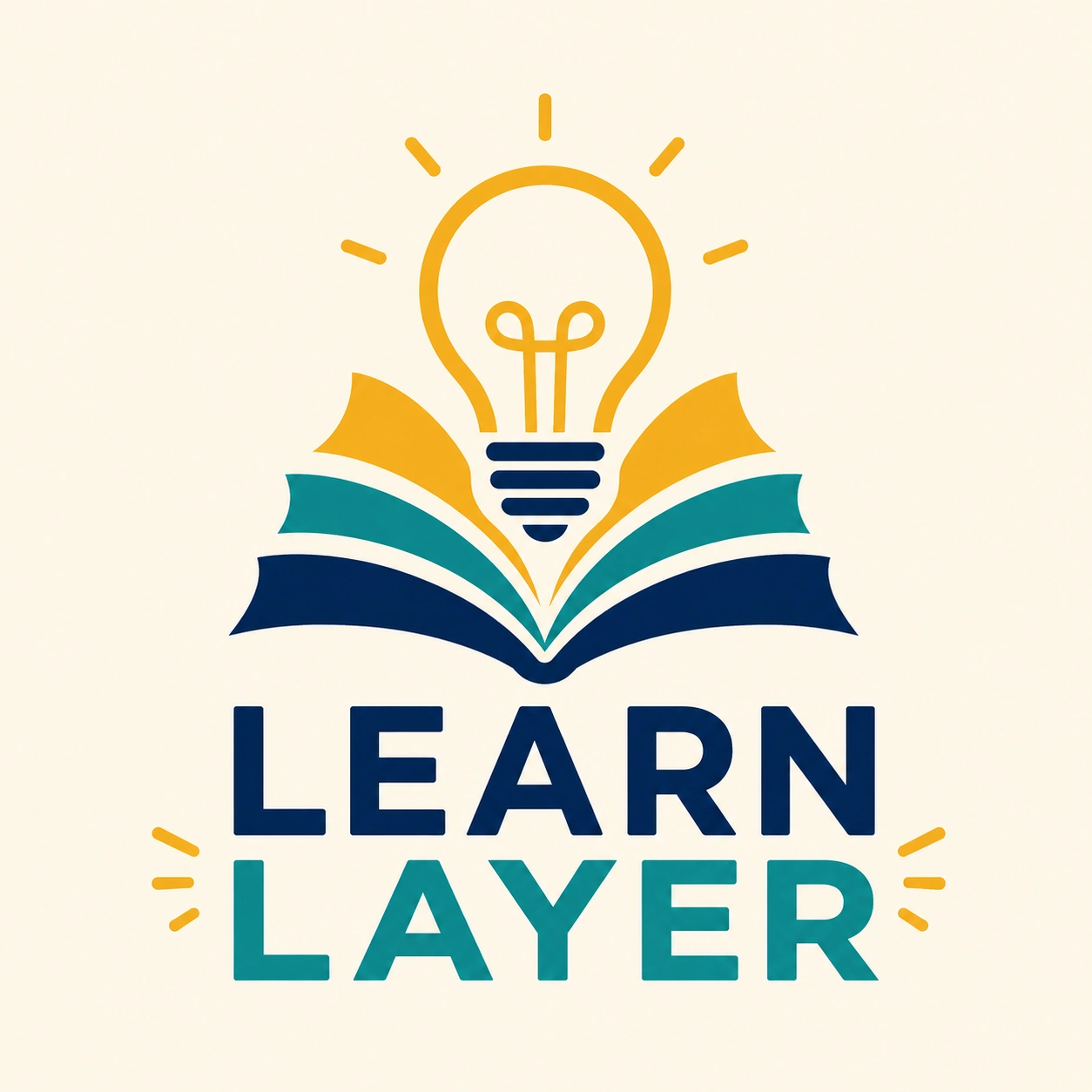 Education YouTube logo for Learn Layer with stacked book pages forming a lightbulb in a teal navy and cream color palette.