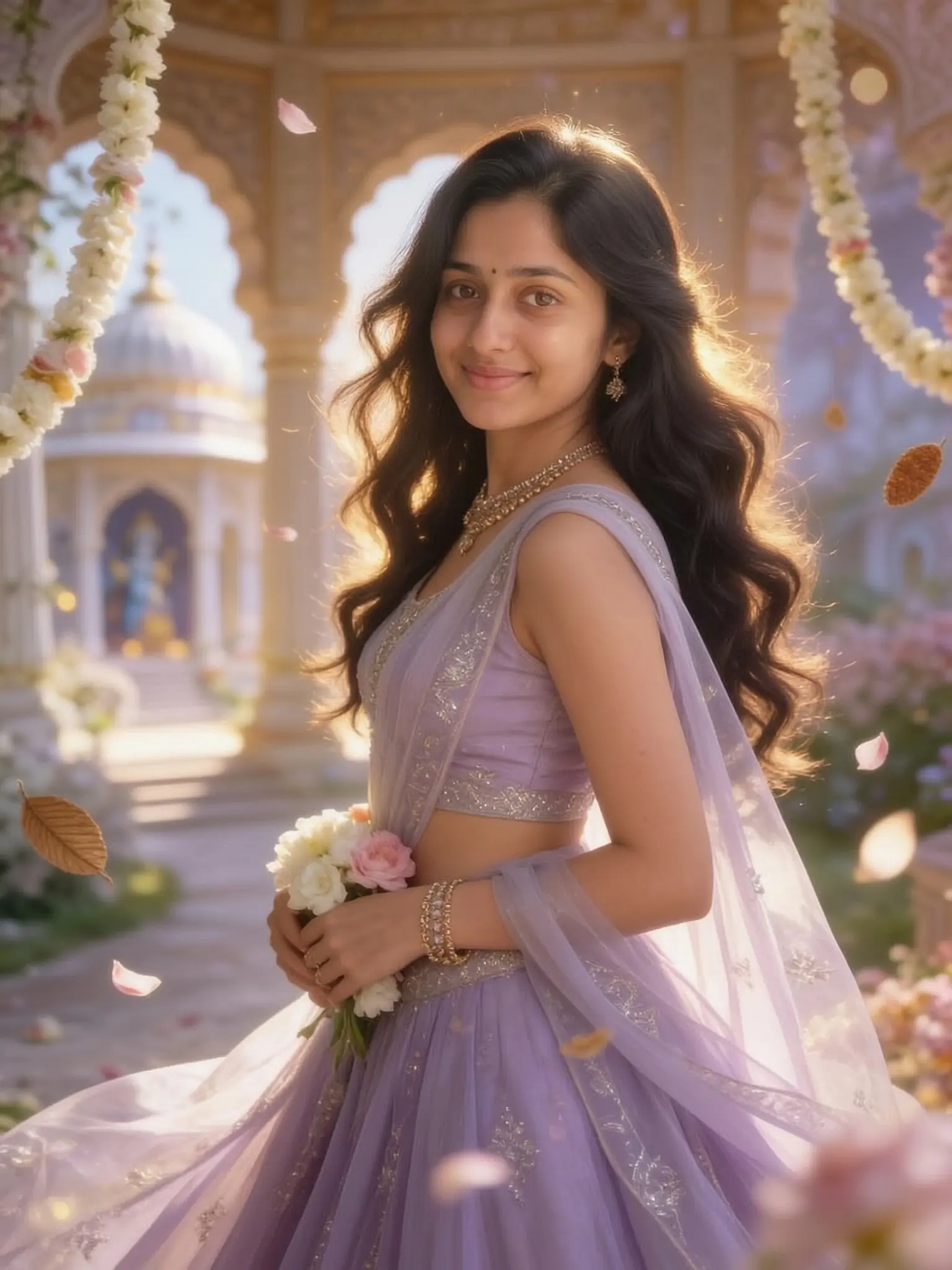 Young woman holding phool in a dreamy golden Janmashtami fantasy portrait with soft bokeh.