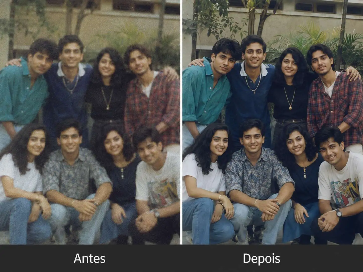 Comparação de antes e depois mostrando um retrato antigo com detalhes faciais e nitidez restaurados, preservando a identidade.