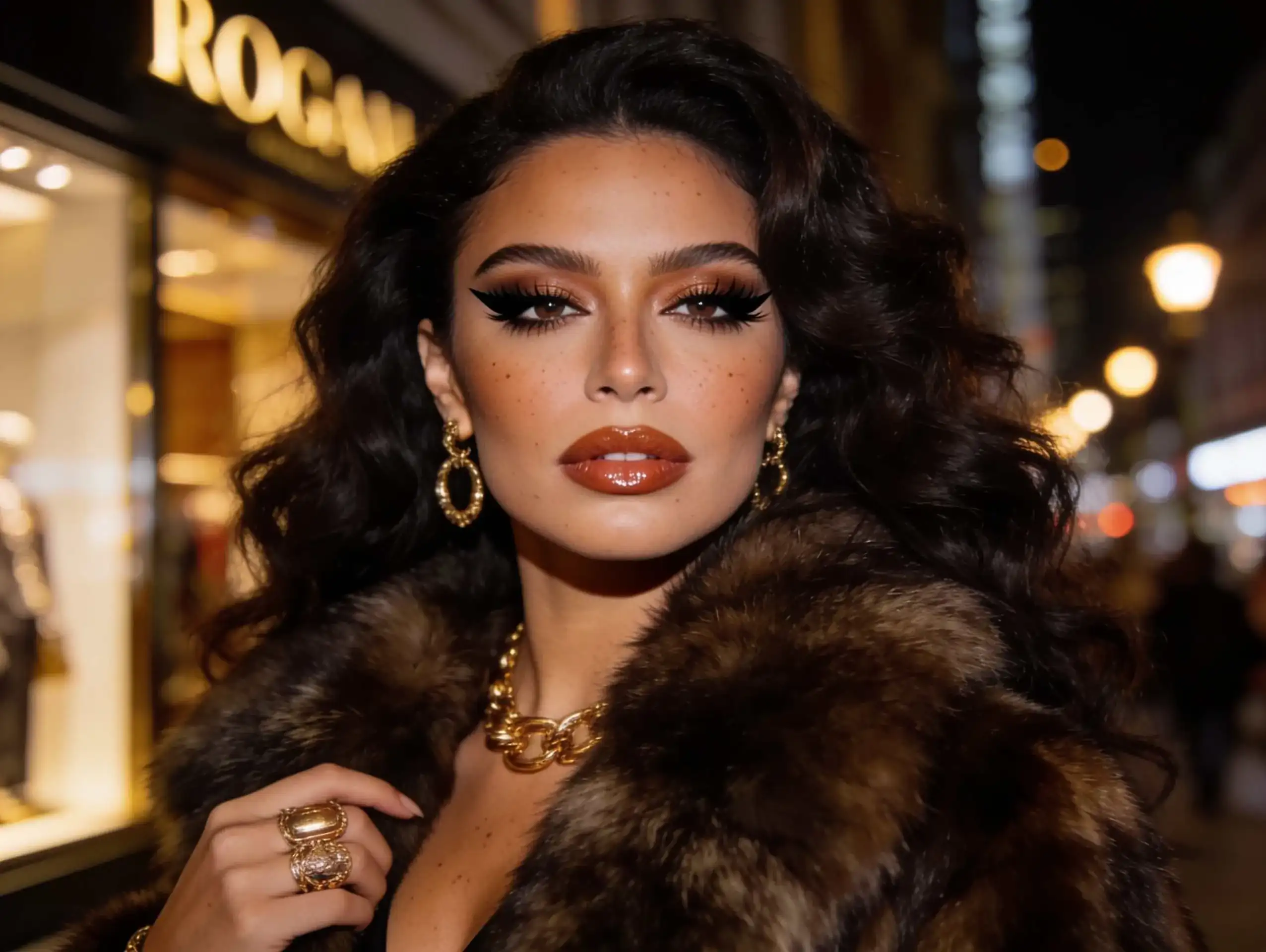 Glamorous mob wife makeup with a luxurious editorial style.