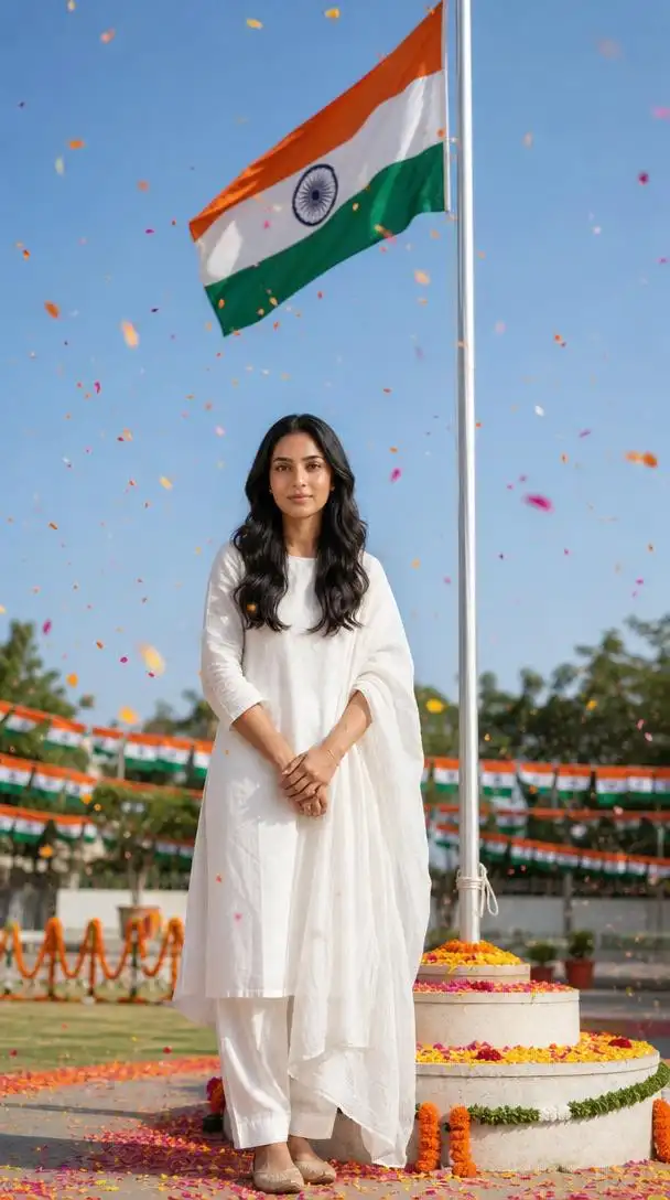 Person standing beside a flagpole during an Independence Day flag-hoisting ceremony with the Indian flag waving against a blue sky.