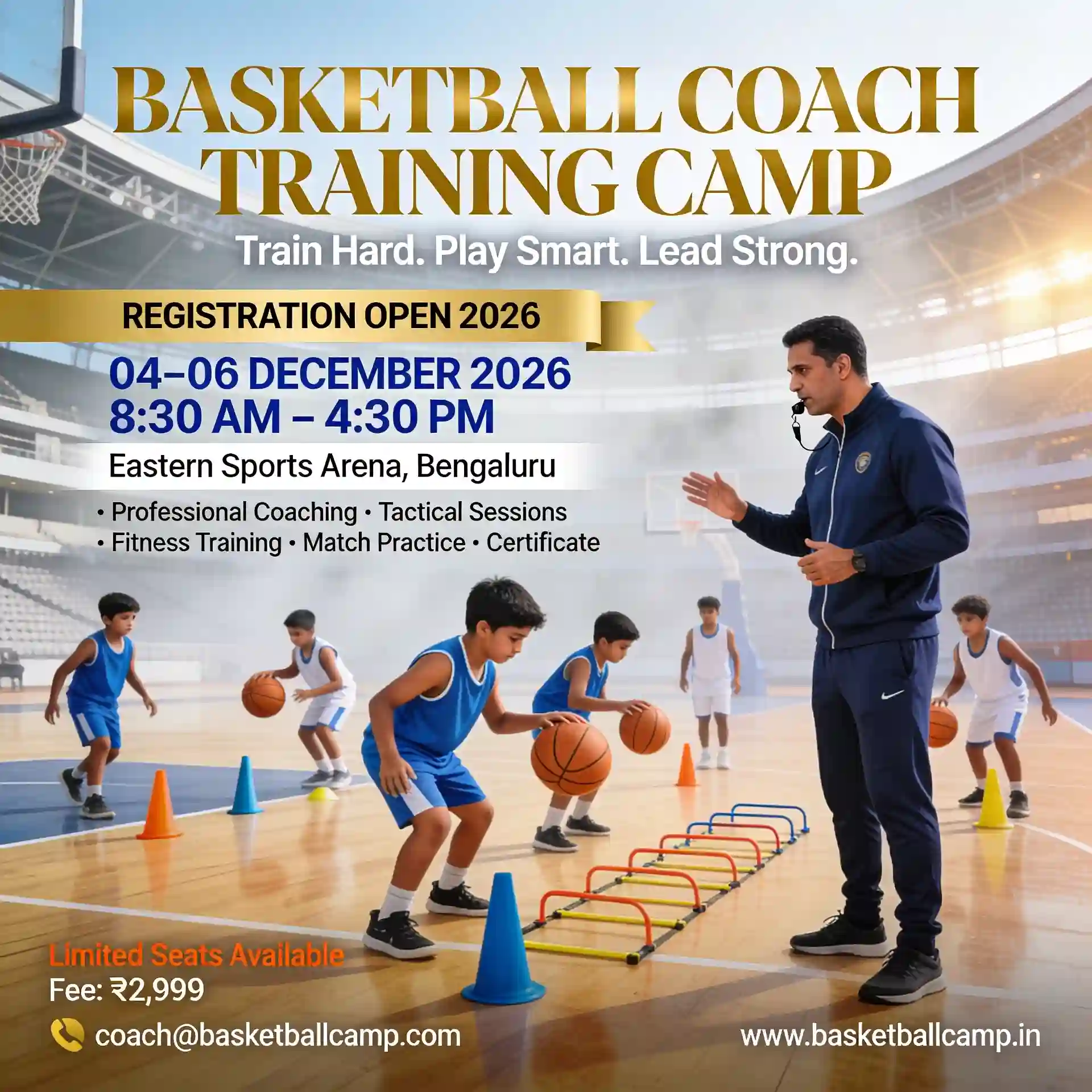 Basketball coach training camp poster showing a coach guiding young players during practice.