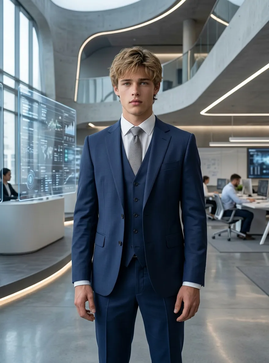 Líder tecnológico masculino en un espacio de trabajo innovador con diseño futurista y pantallas avanzadas.