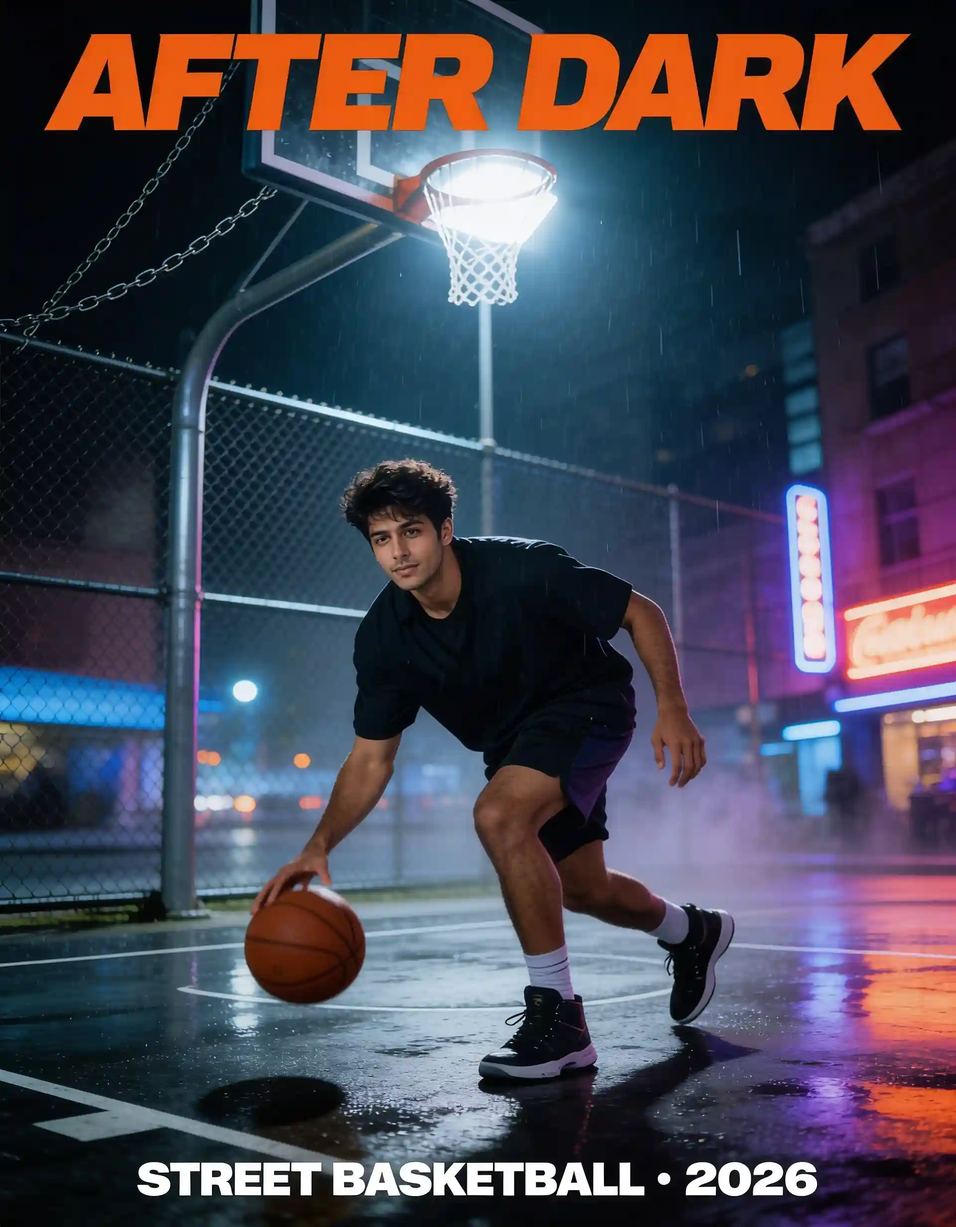 Basketball player dribbling on an outdoor court at night.